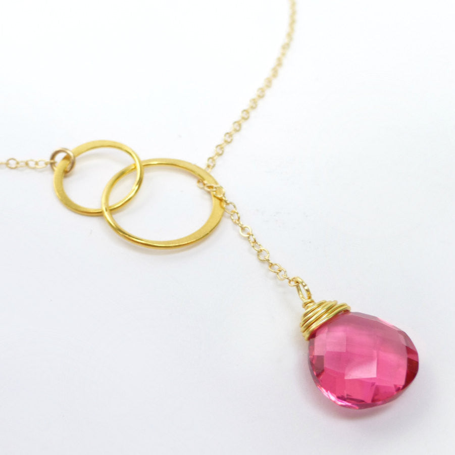 Pink Quartz Gemstone Teardrop Necklace With Circle Connector