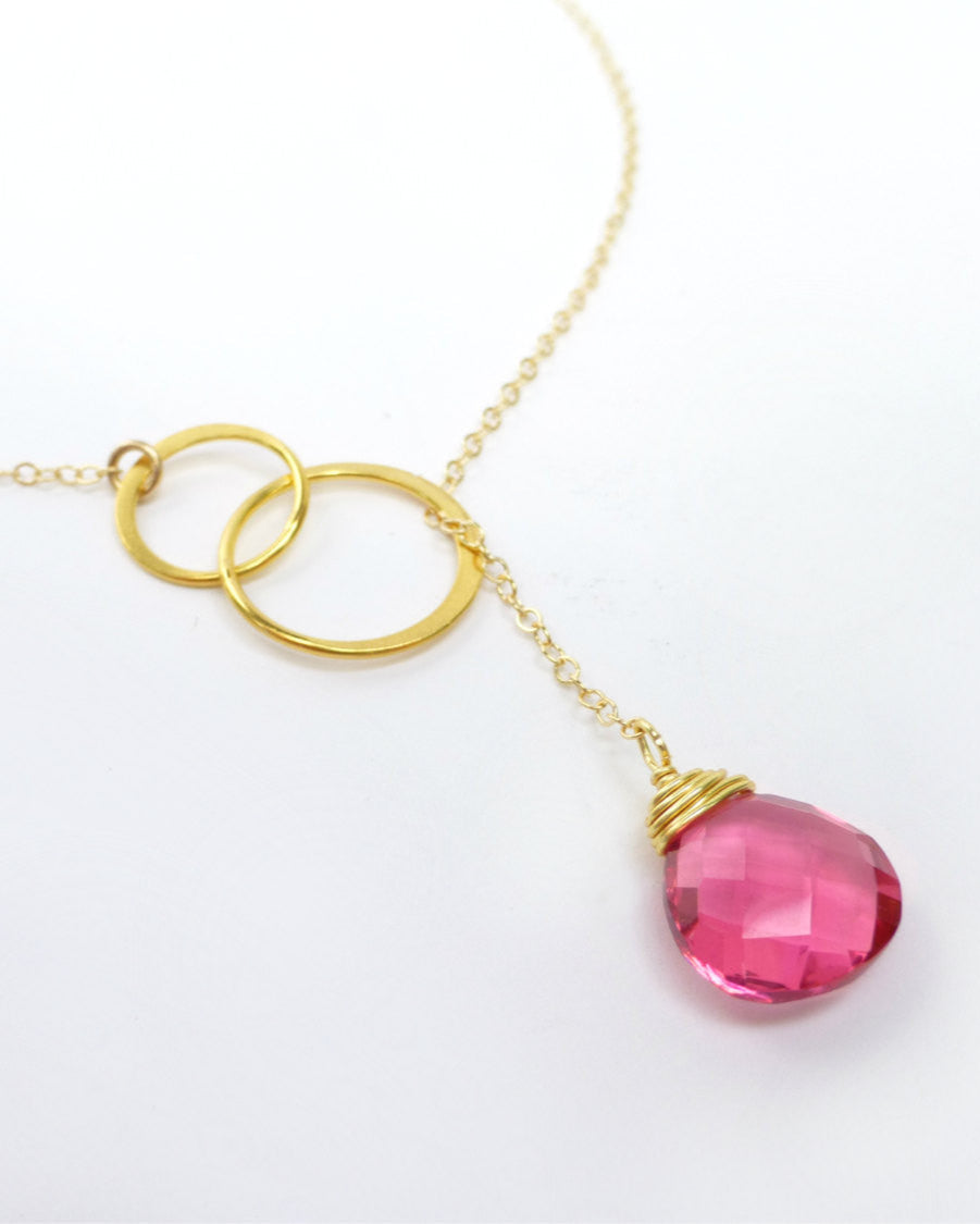 Pink Quartz Gemstone Teardrop Necklace With Circle Connector