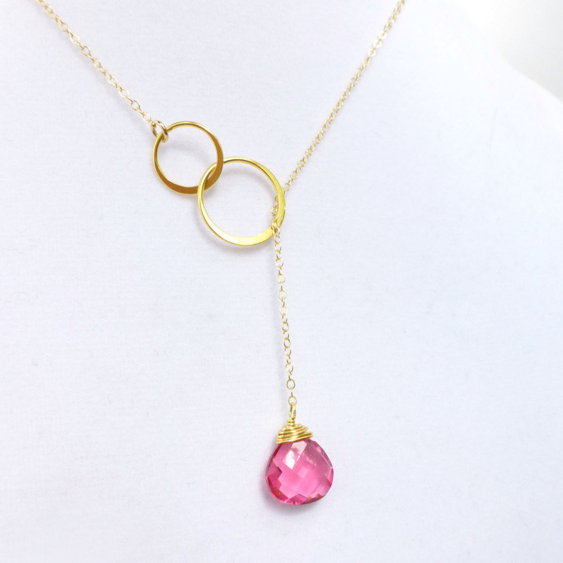 Pink Quartz Gemstone Teardrop Necklace With Circle Connector