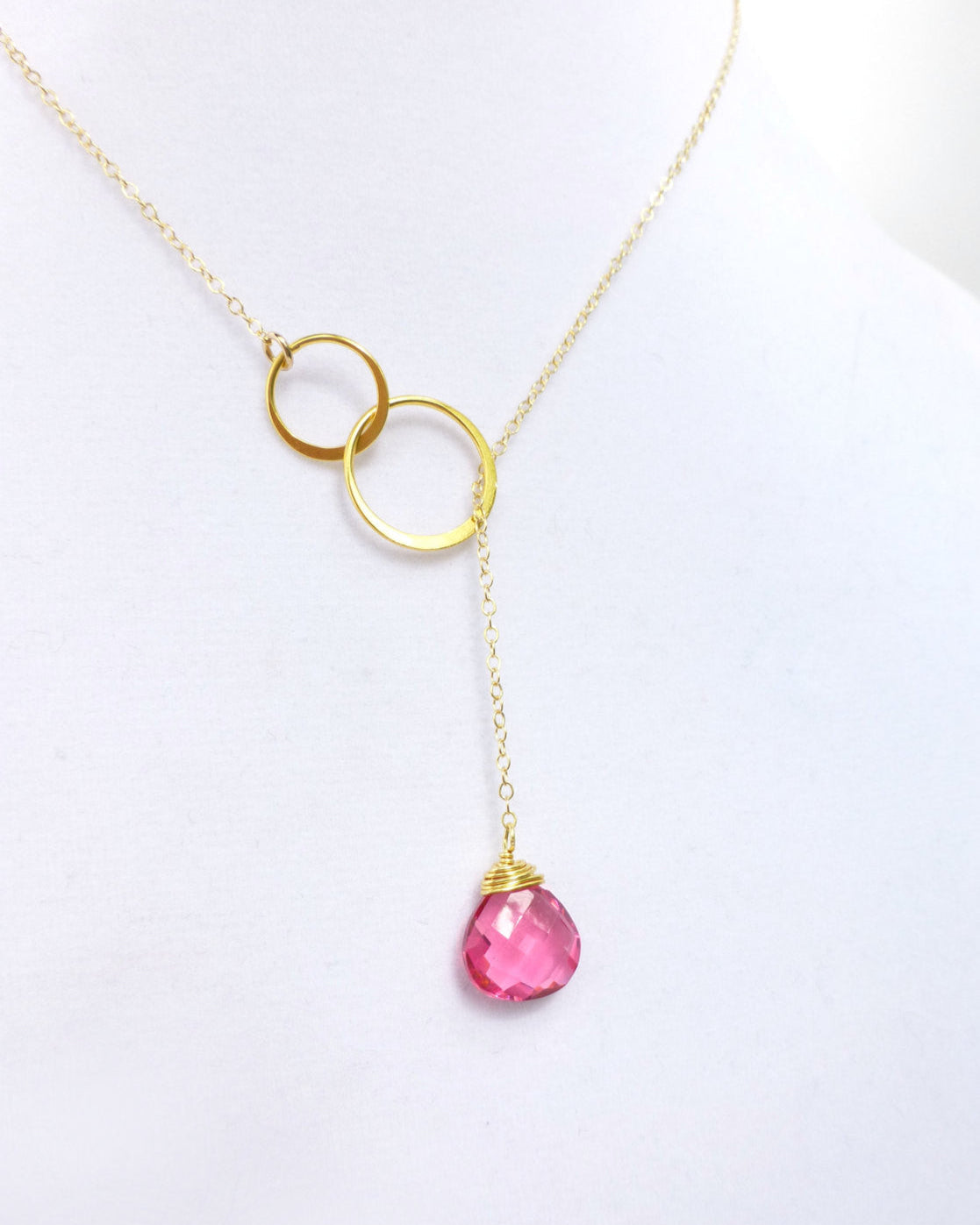 Pink Quartz Gemstone Teardrop Necklace With Circle Connector