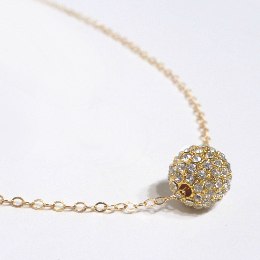 Pave' Dainty Disco Ball Necklace For Women - Gold