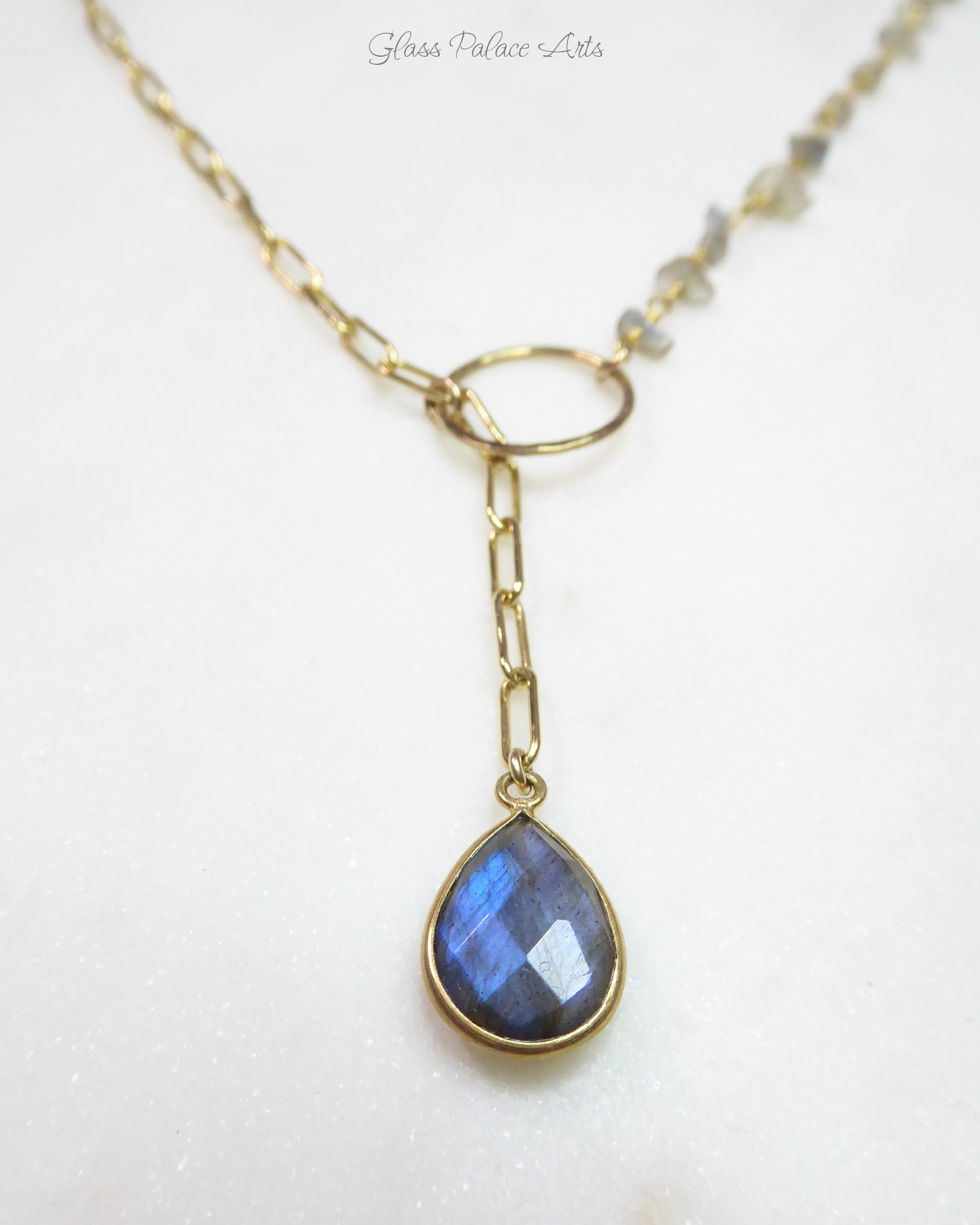 Rainbow Labradorite Statement Necklace Adjustable- Blue Gemstone Lariat Necklace