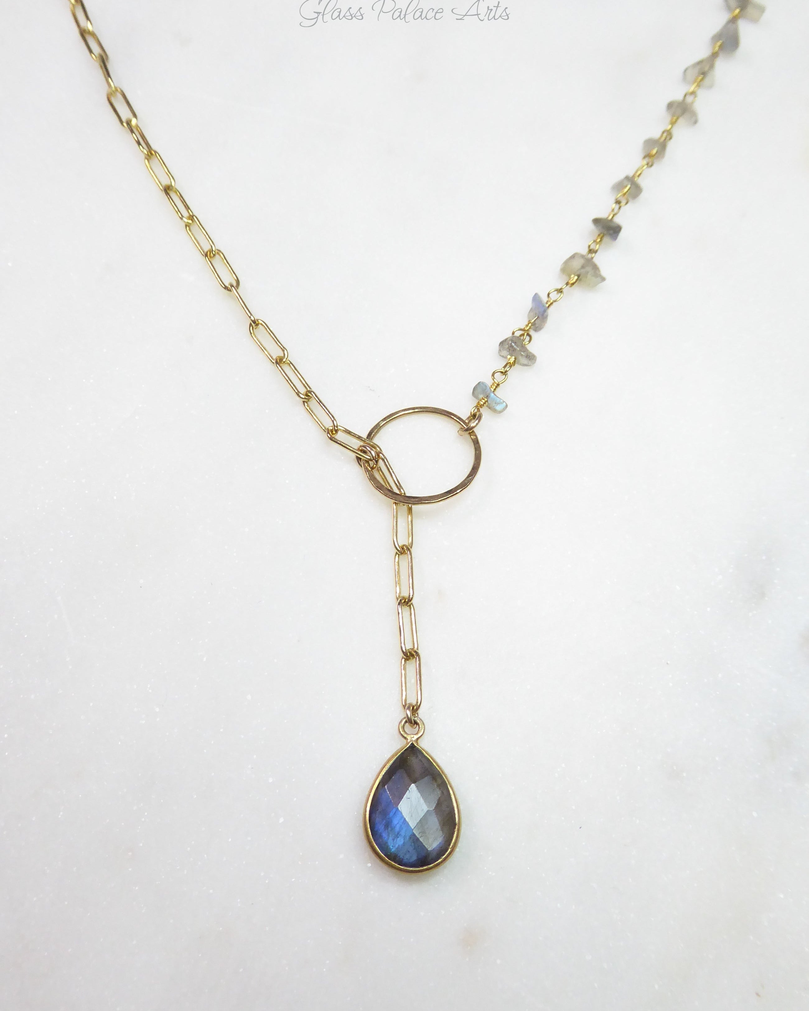 Rainbow Labradorite Statement Necklace Adjustable- Blue Gemstone Lariat Necklace