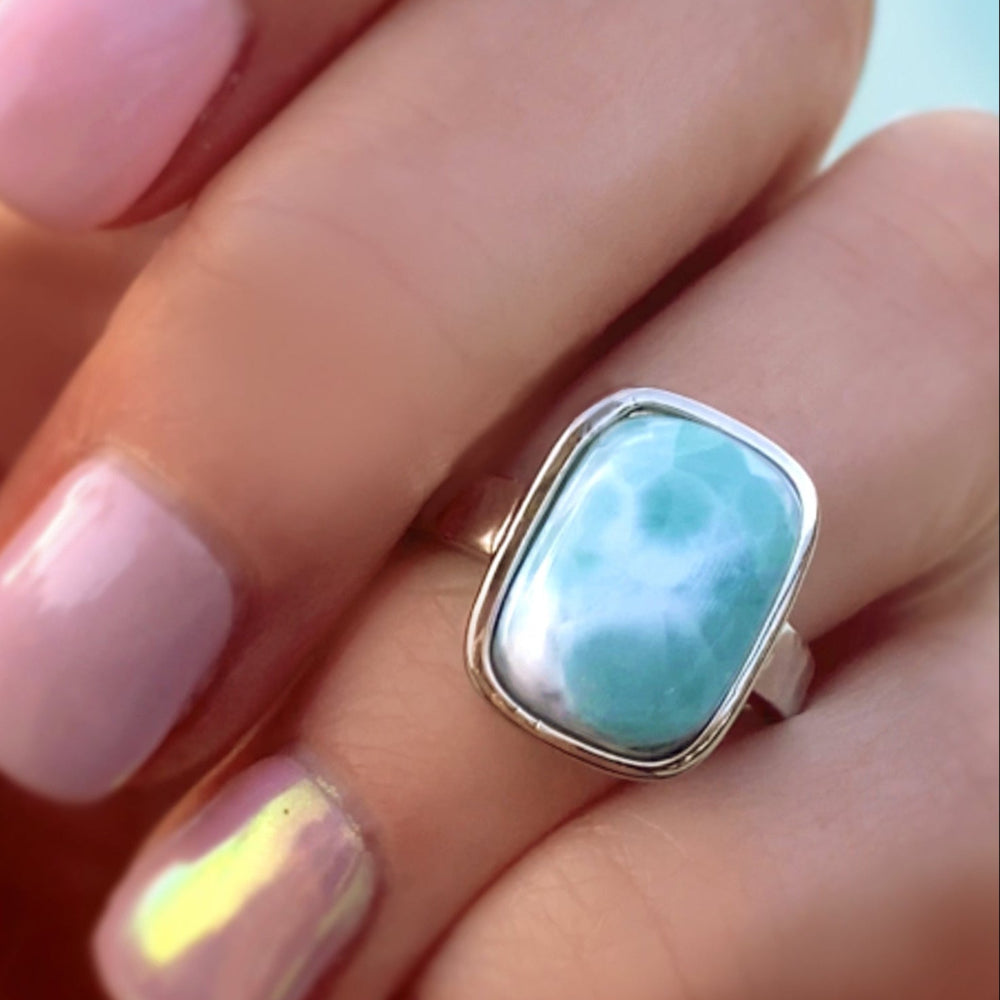 Larimar Ring For Women With Hammered Sterling Silver Band - Caribbean Statement Ring