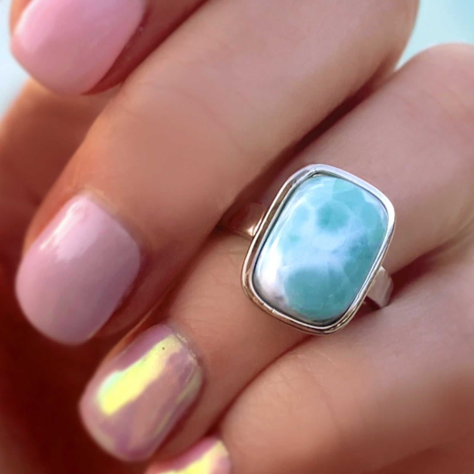 Larimar Ring For Women With Hammered Sterling Silver Band - Caribbean Statement Ring