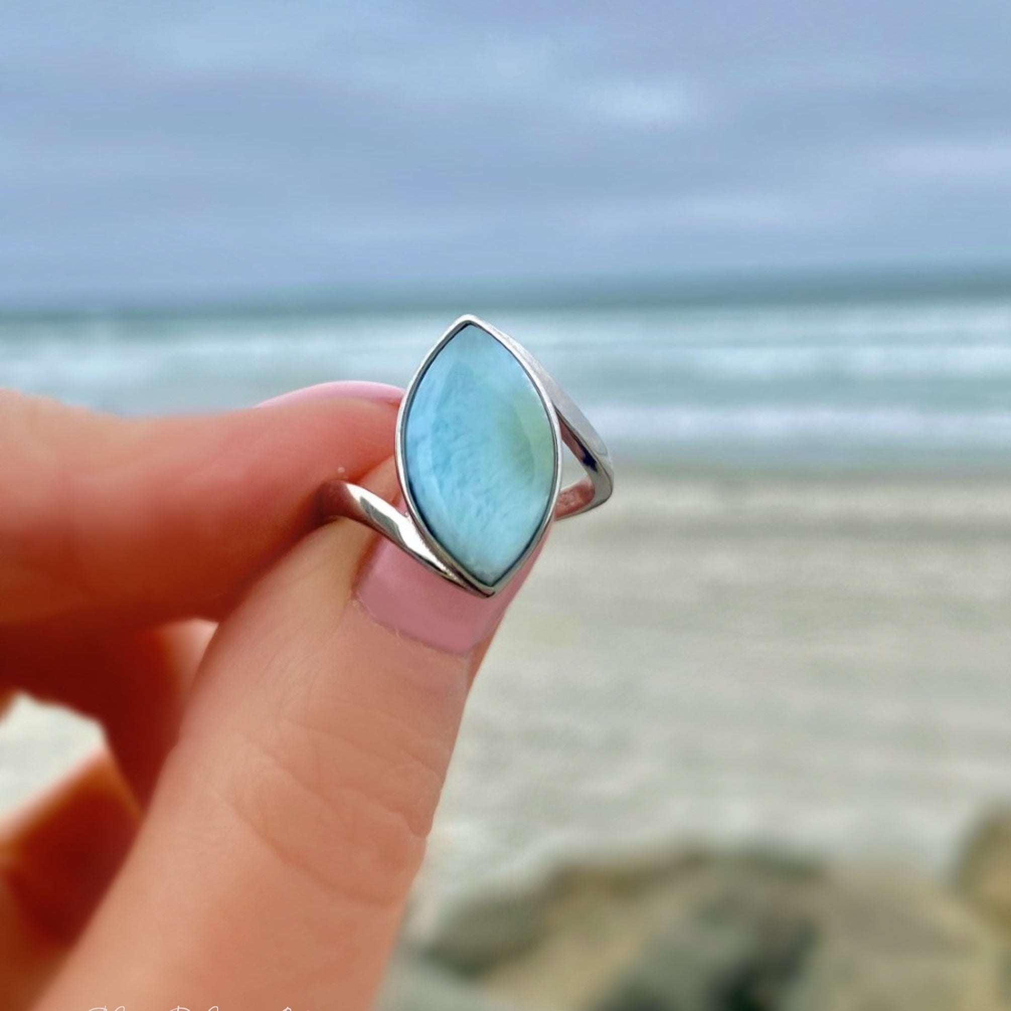 Natural Larimar Ring For Women Marquise Cut - Hammered 925 Sterling Silver Band