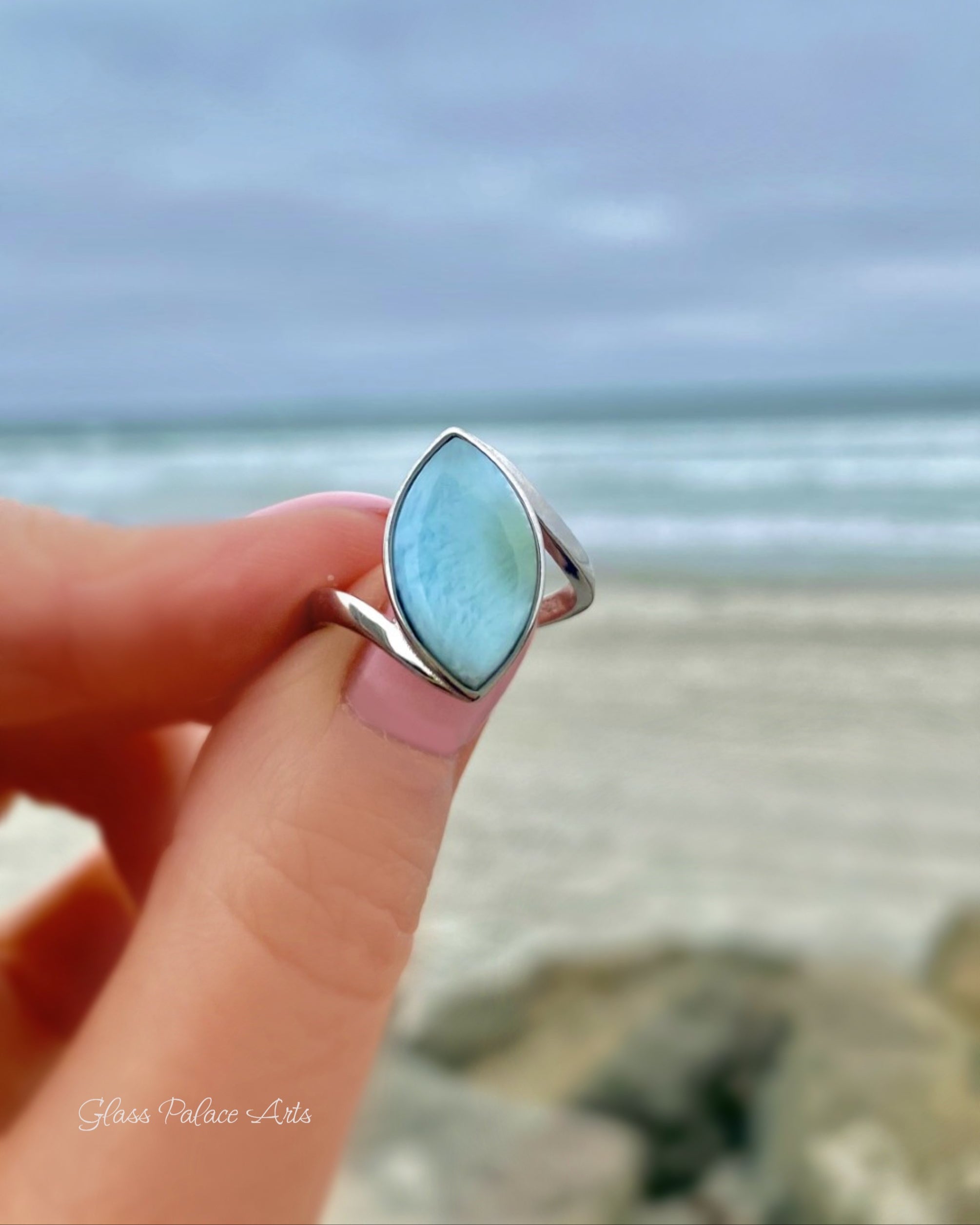 Natural Larimar Ring For Women Marquise Cut - Hammered 925 Sterling Silver Band