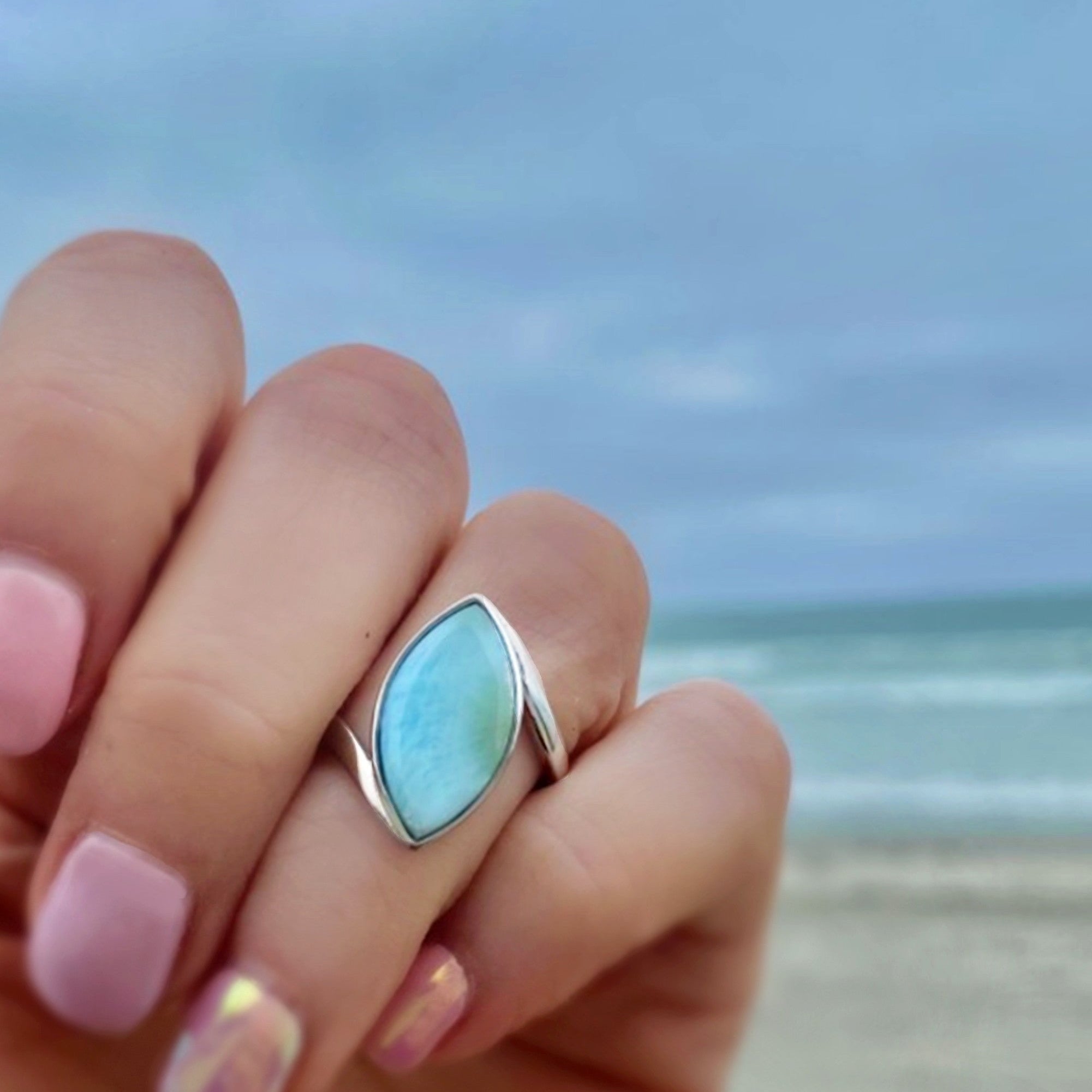 Natural Larimar Ring For Women Marquise Cut - Hammered 925 Sterling Silver Band