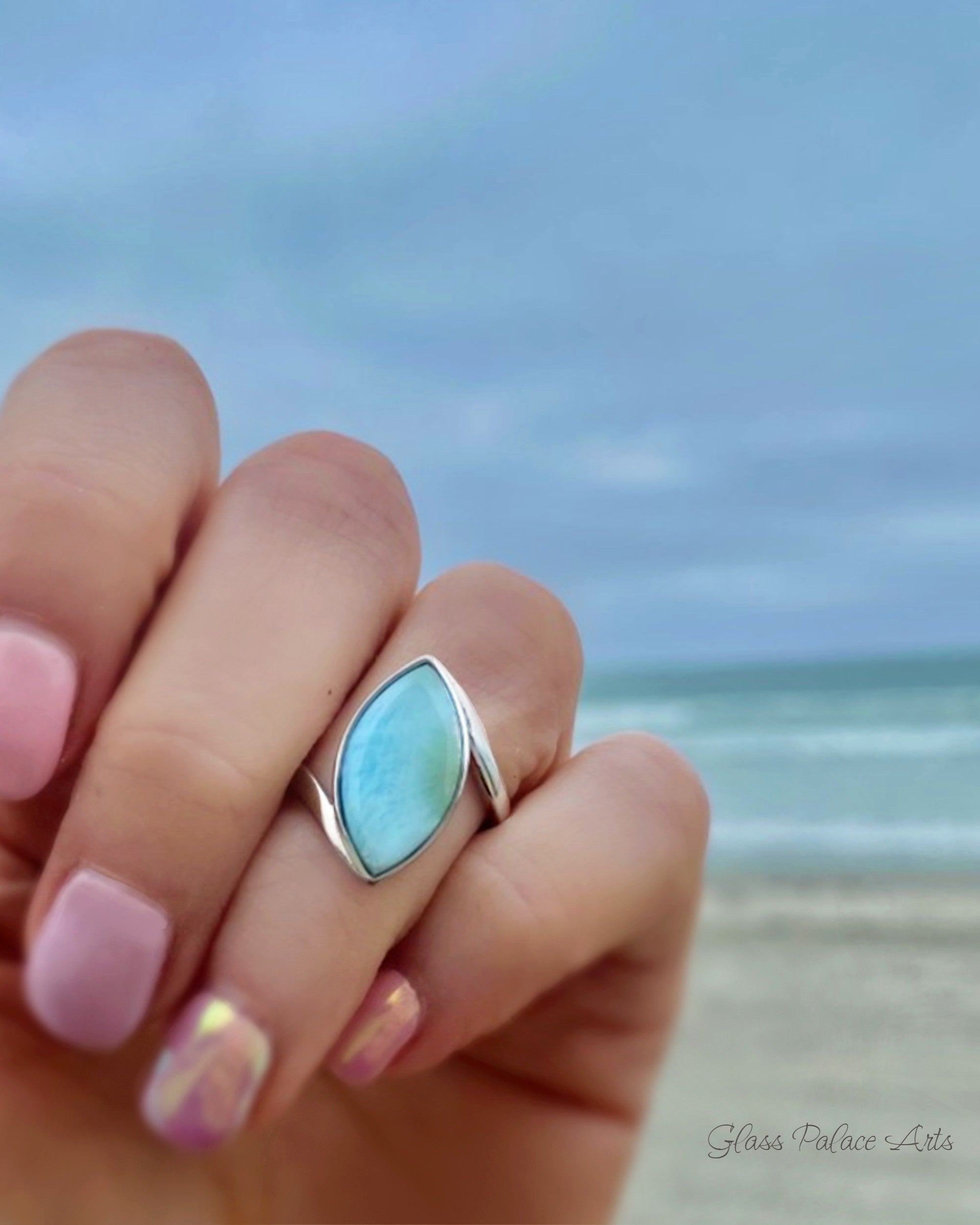 Natural Larimar Ring For Women Marquise Cut - Hammered 925 Sterling Silver Band