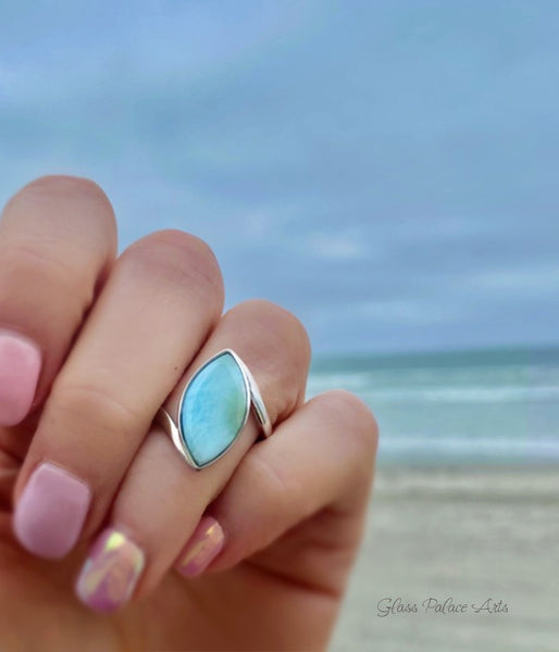 Natural Larimar Ring For Women Marquise Cut - Hammered 925 Sterling Silver Band