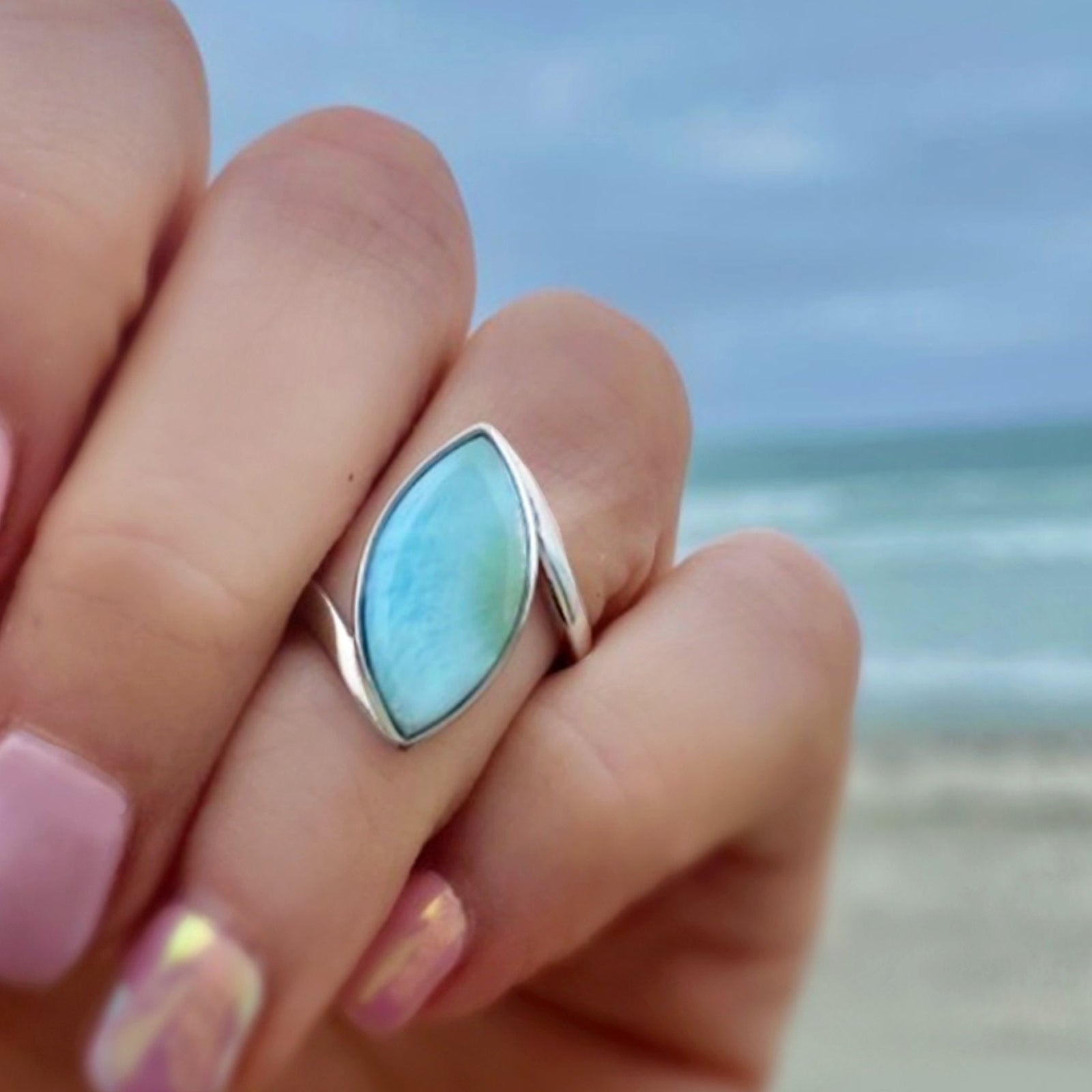 Natural Larimar Ring For Women Marquise Cut - Hammered 925 Sterling Silver Band