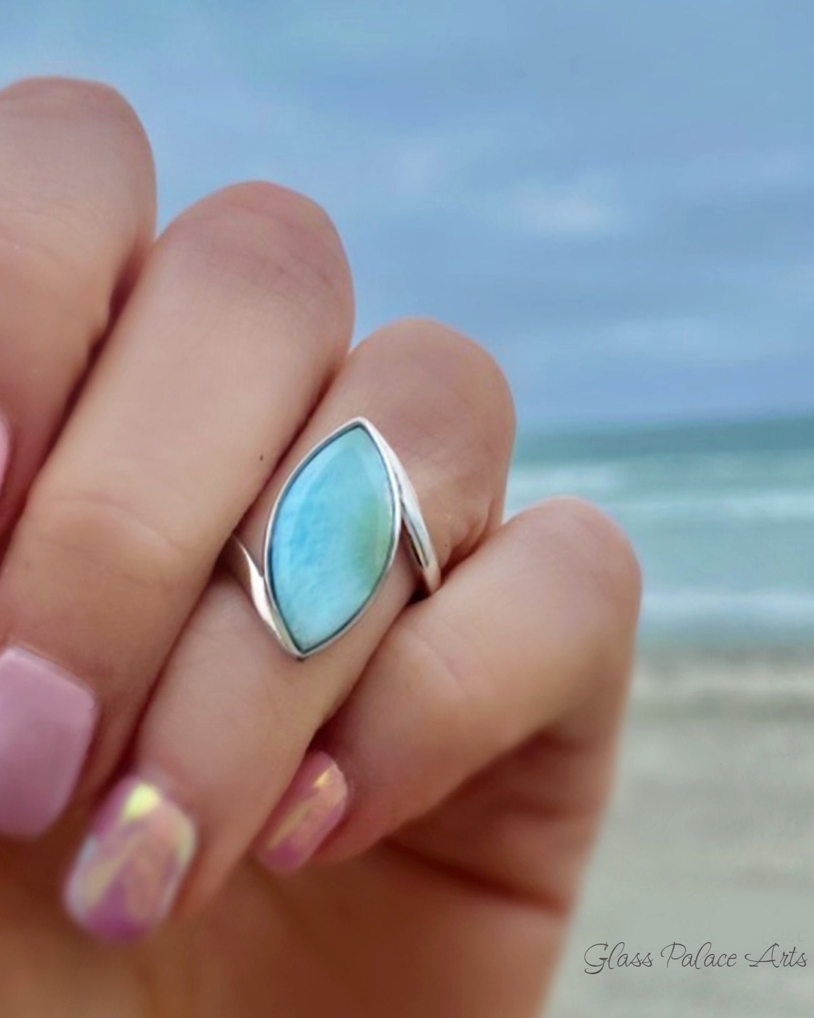 Natural Larimar Ring For Women Marquise Cut - Hammered 925 Sterling Silver Band