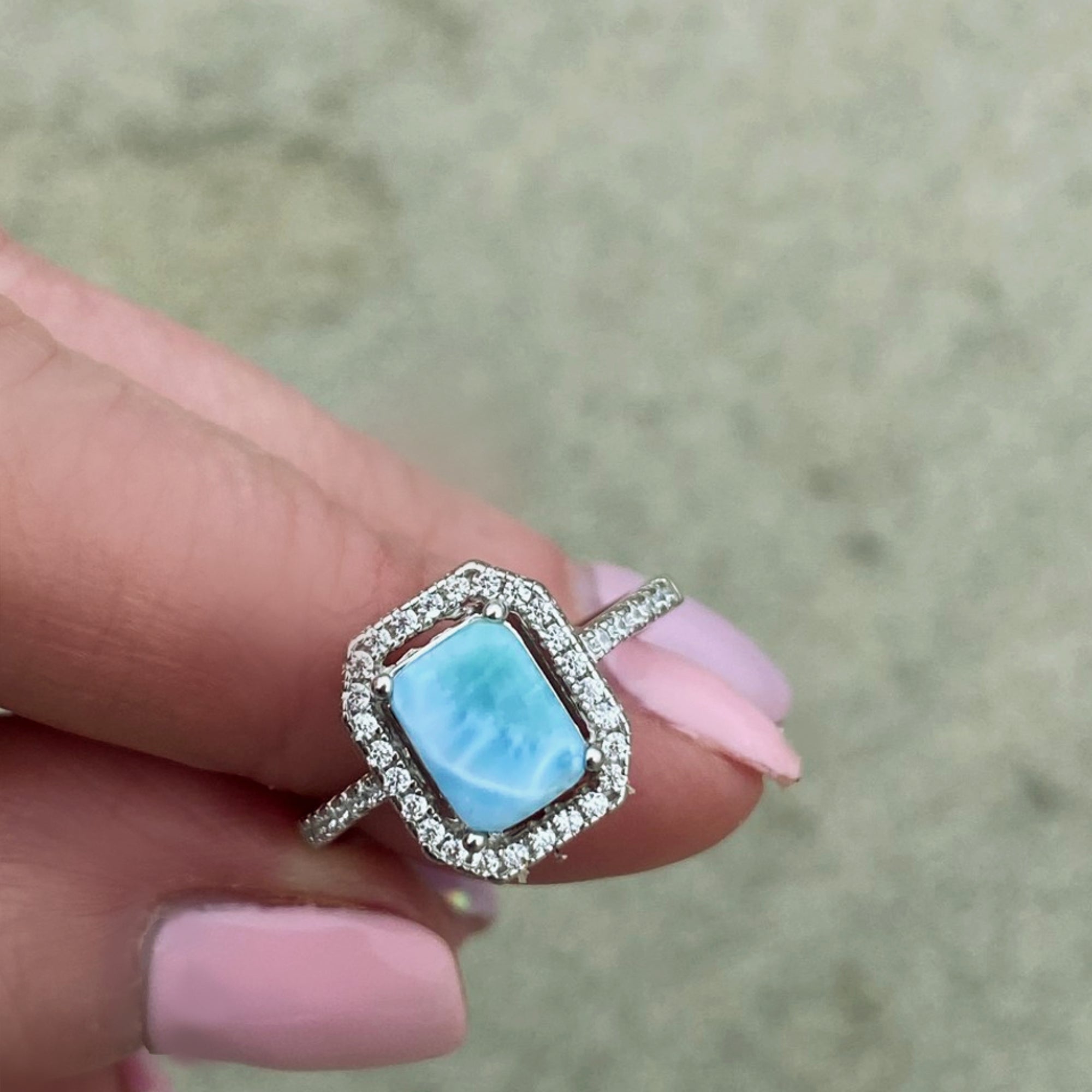 Sterling Silver Larimar Ring For Women - Radiant Cut With Cubic Zirconia