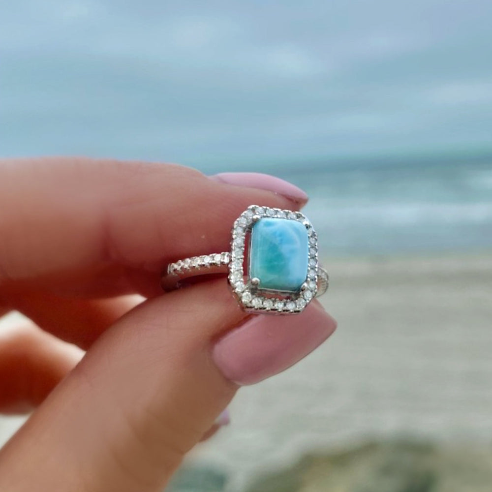 Sterling Silver Larimar Ring For Women - Radiant Cut With Cubic Zirconia