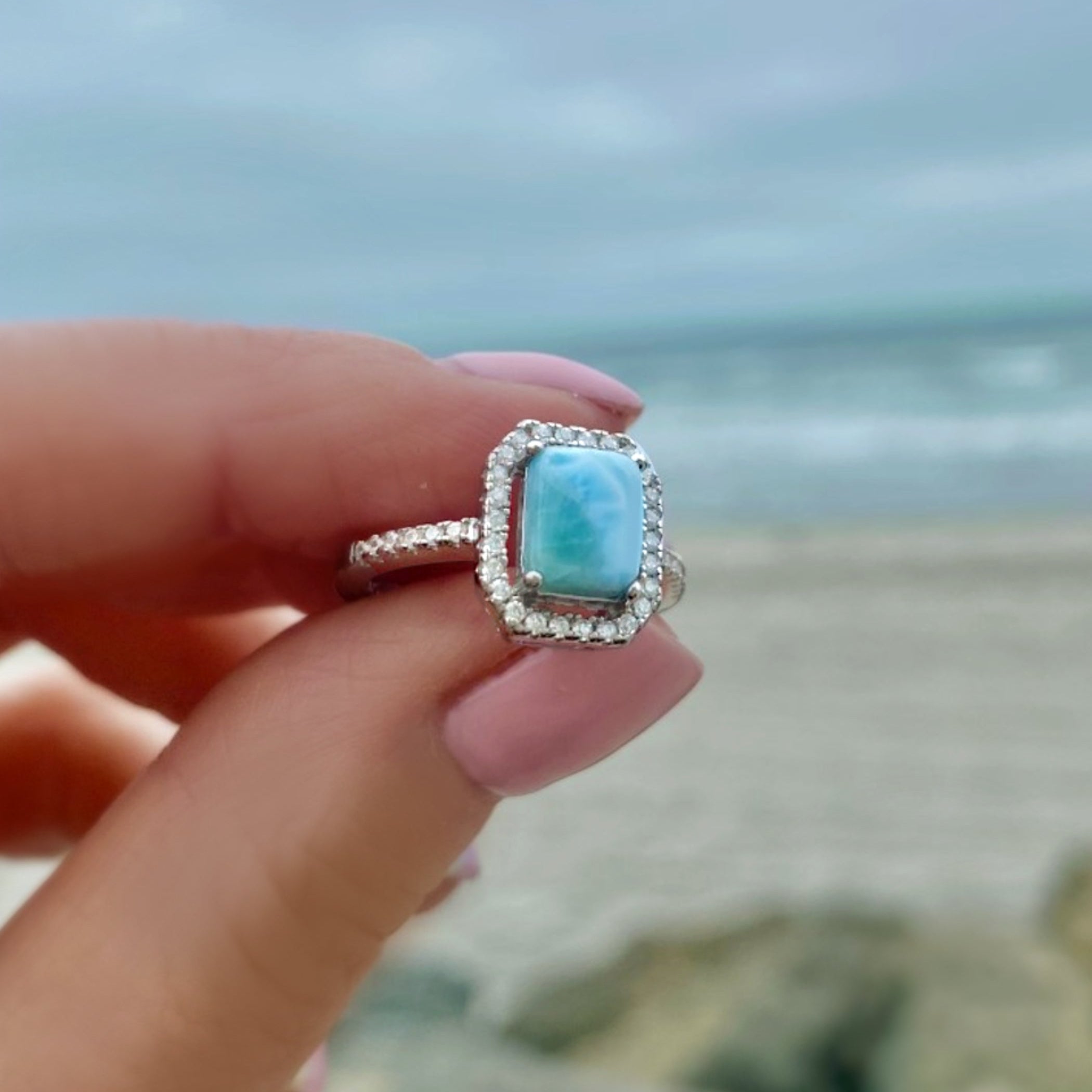Sterling Silver Larimar Ring For Women - Radiant Cut With Cubic Zirconia