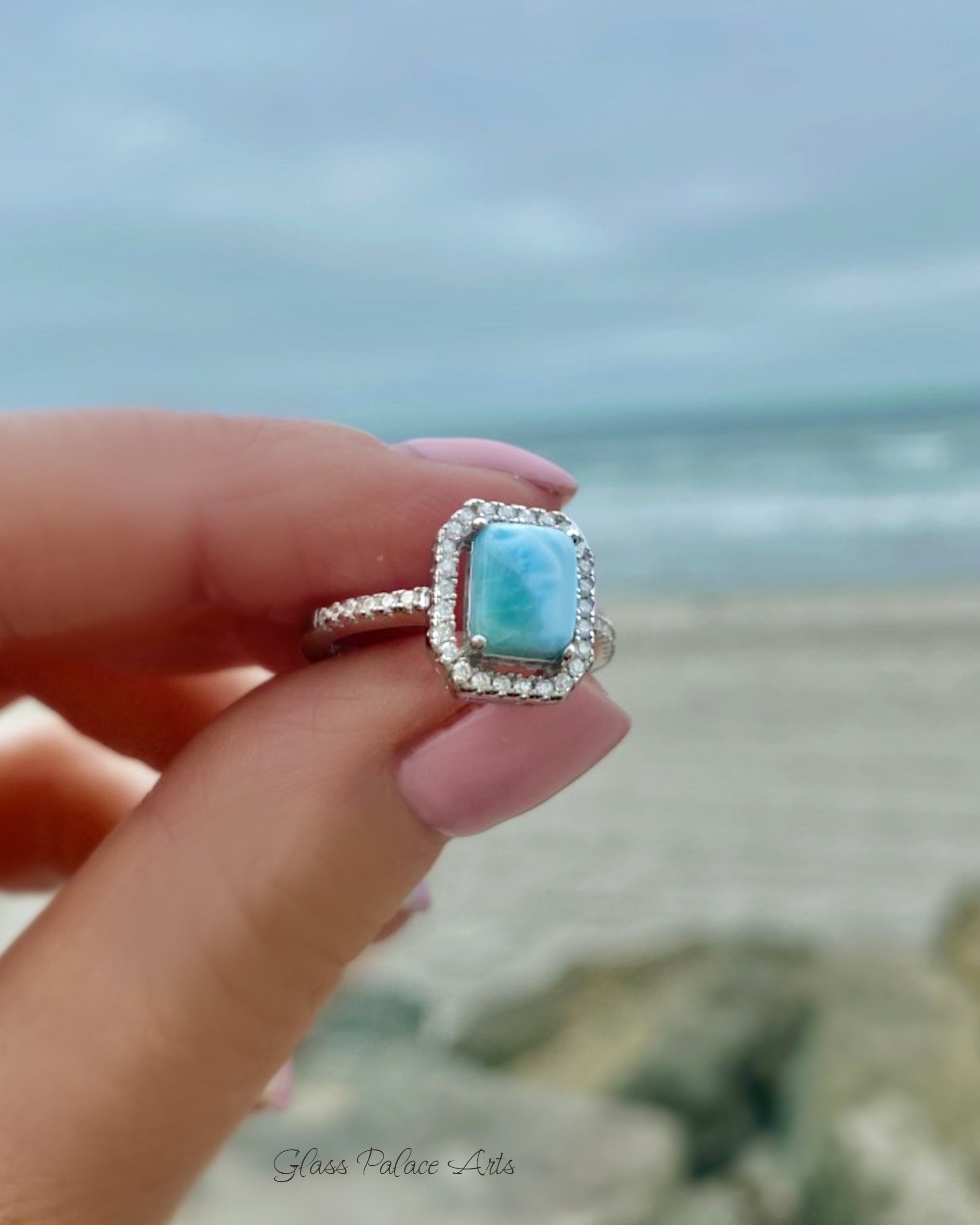 Sterling Silver Larimar Ring For Women - Radiant Cut With Cubic Zirconia