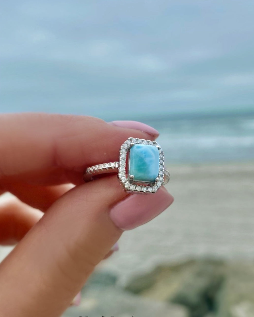 Sterling Silver Larimar Ring For Women - Radiant Cut With Cubic Zirconia