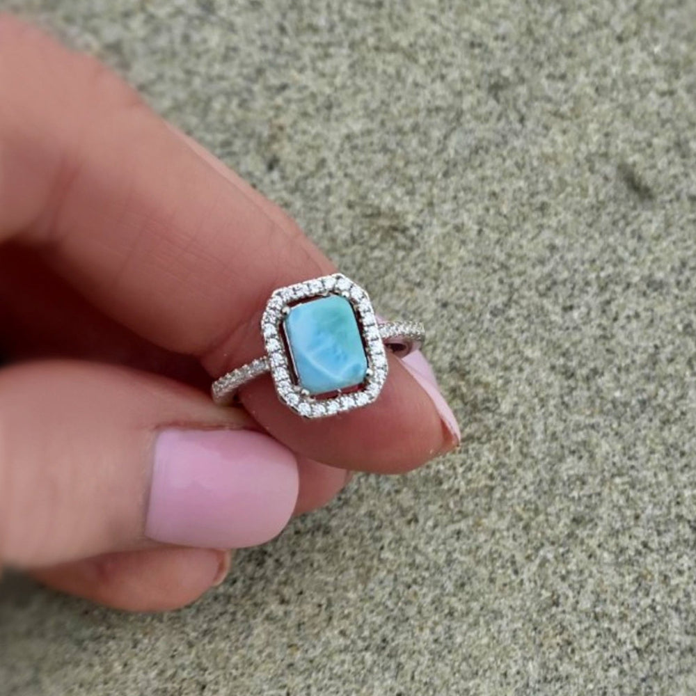 Sterling Silver Larimar Ring For Women - Radiant Cut With Cubic Zirconia