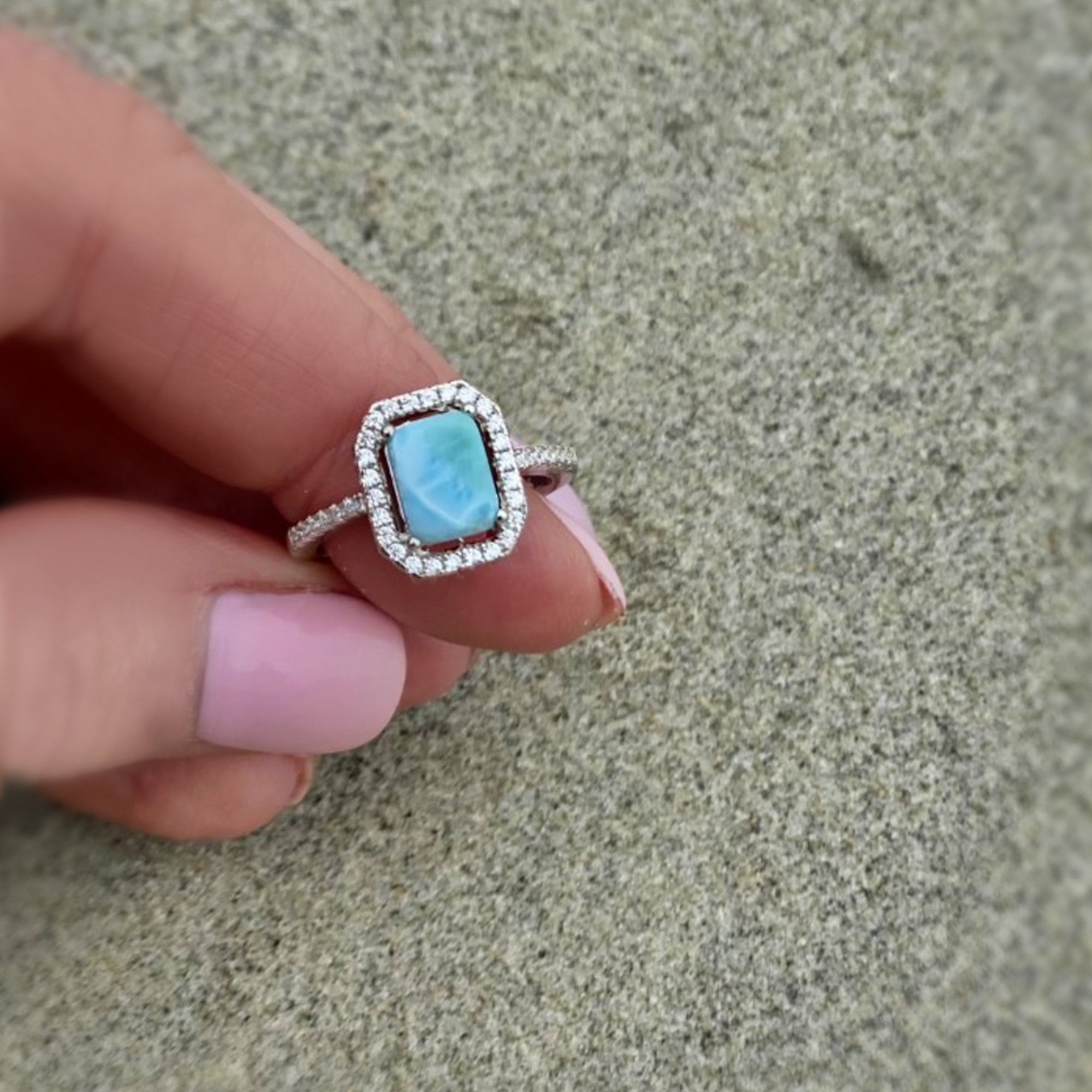 Sterling Silver Larimar Ring For Women - Radiant Cut With Cubic Zirconia