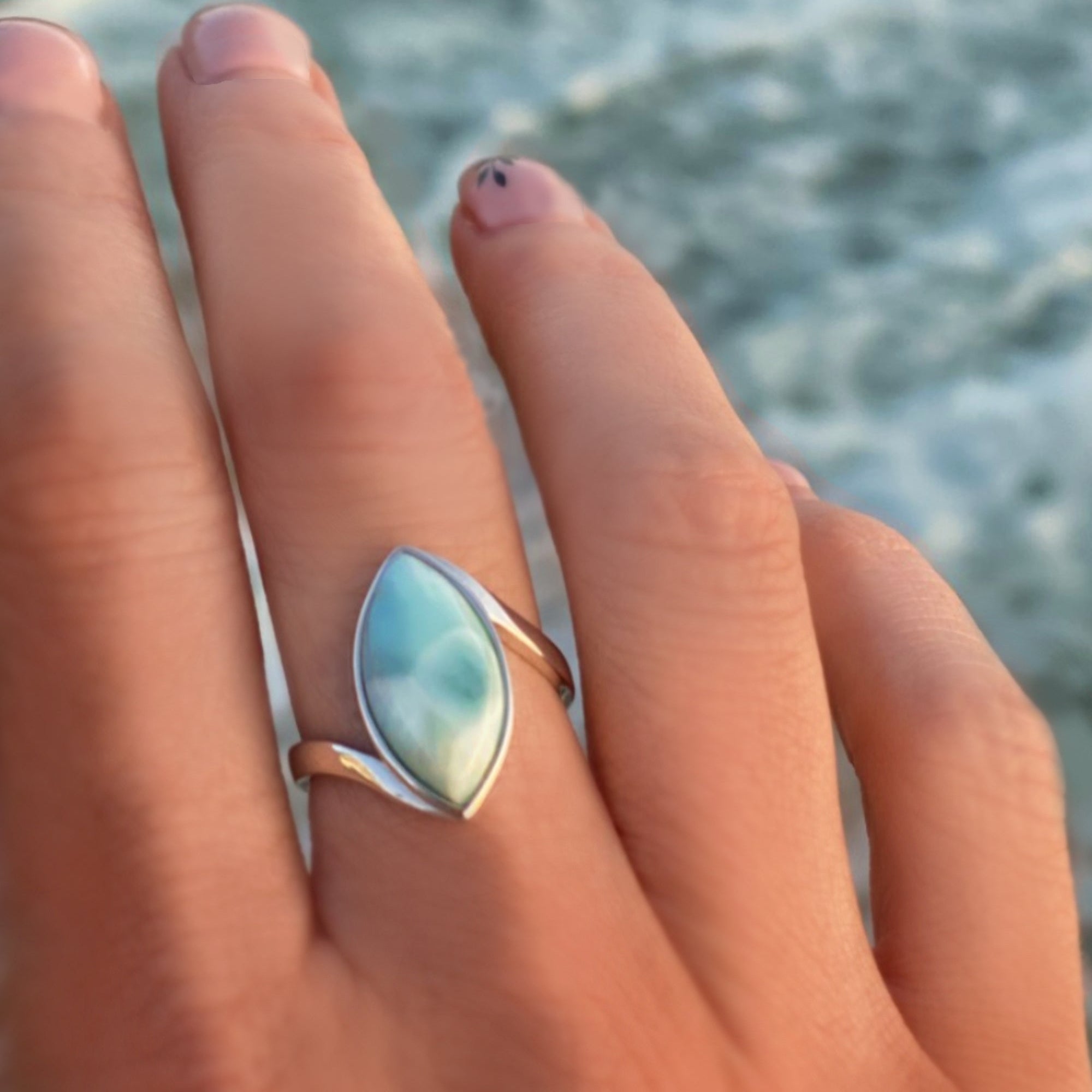 Natural Larimar Ring For Women Marquise Cut - Hammered 925 Sterling Silver Band