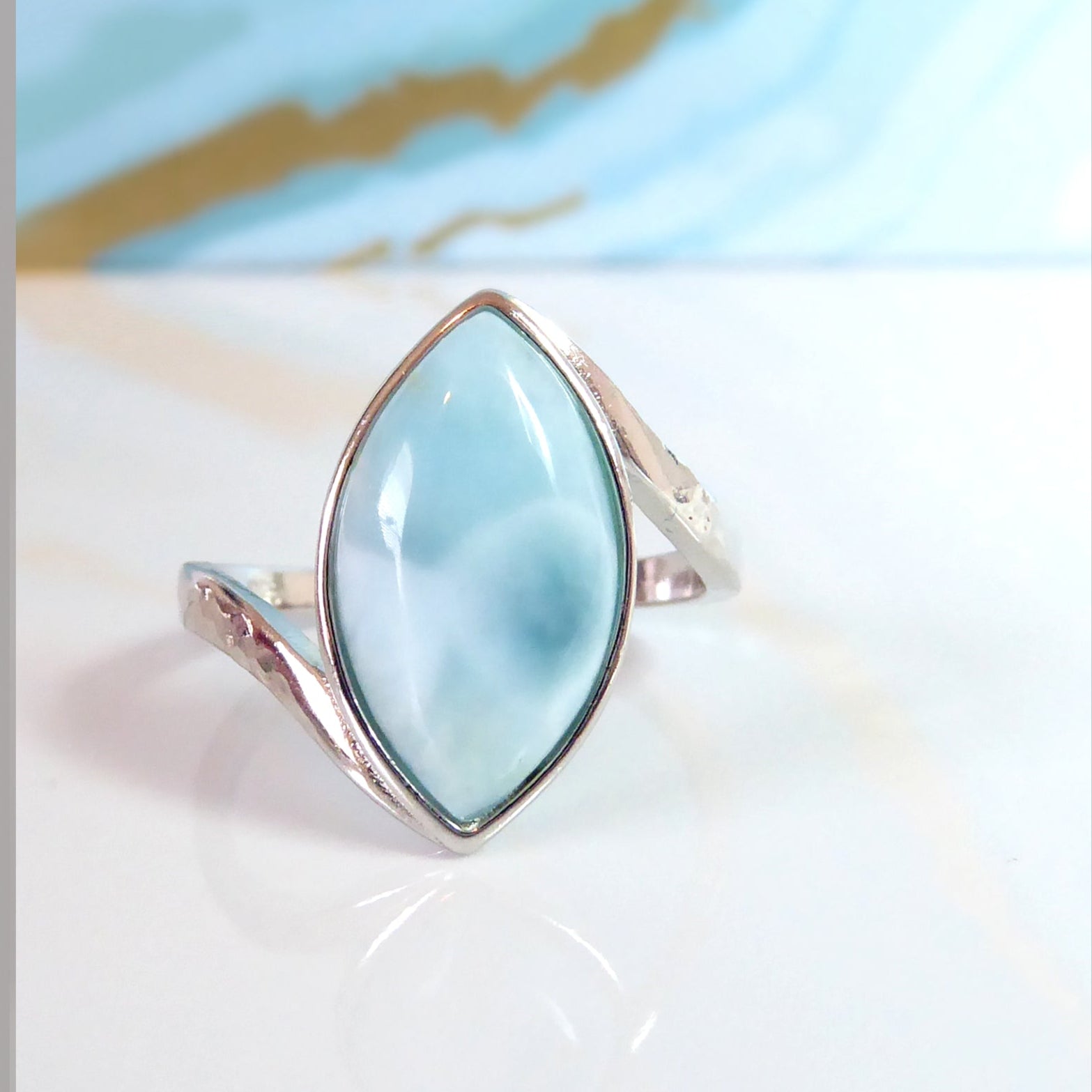Natural Larimar Ring For Women Marquise Cut - Hammered 925 Sterling Silver Band