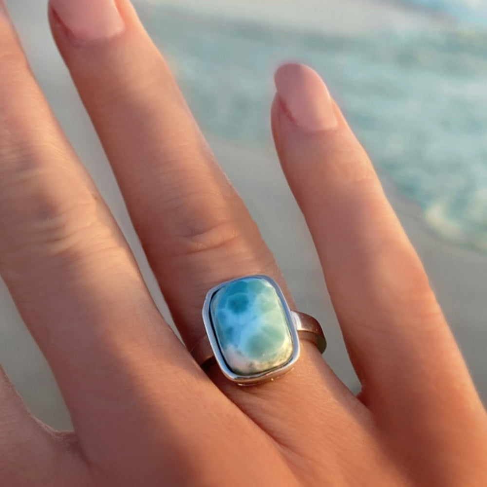 Larimar Ring For Women With Hammered Sterling Silver Band - Caribbean Statement Ring