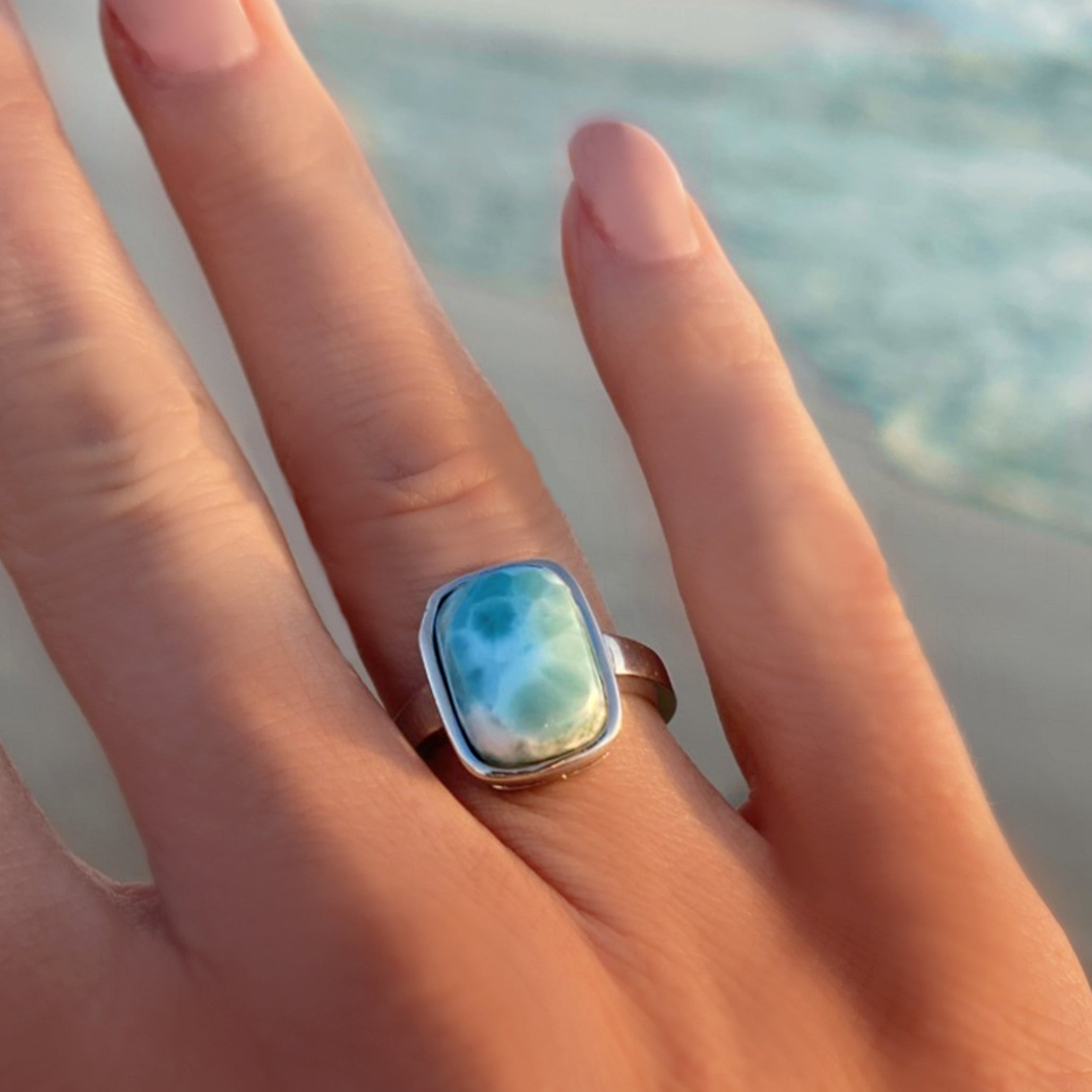 Larimar Ring For Women With Hammered Sterling Silver Band - Caribbean Statement Ring