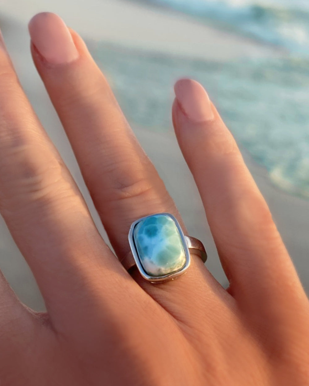 Larimar Ring For Women With Hammered Sterling Silver Band - Caribbean Statement Ring