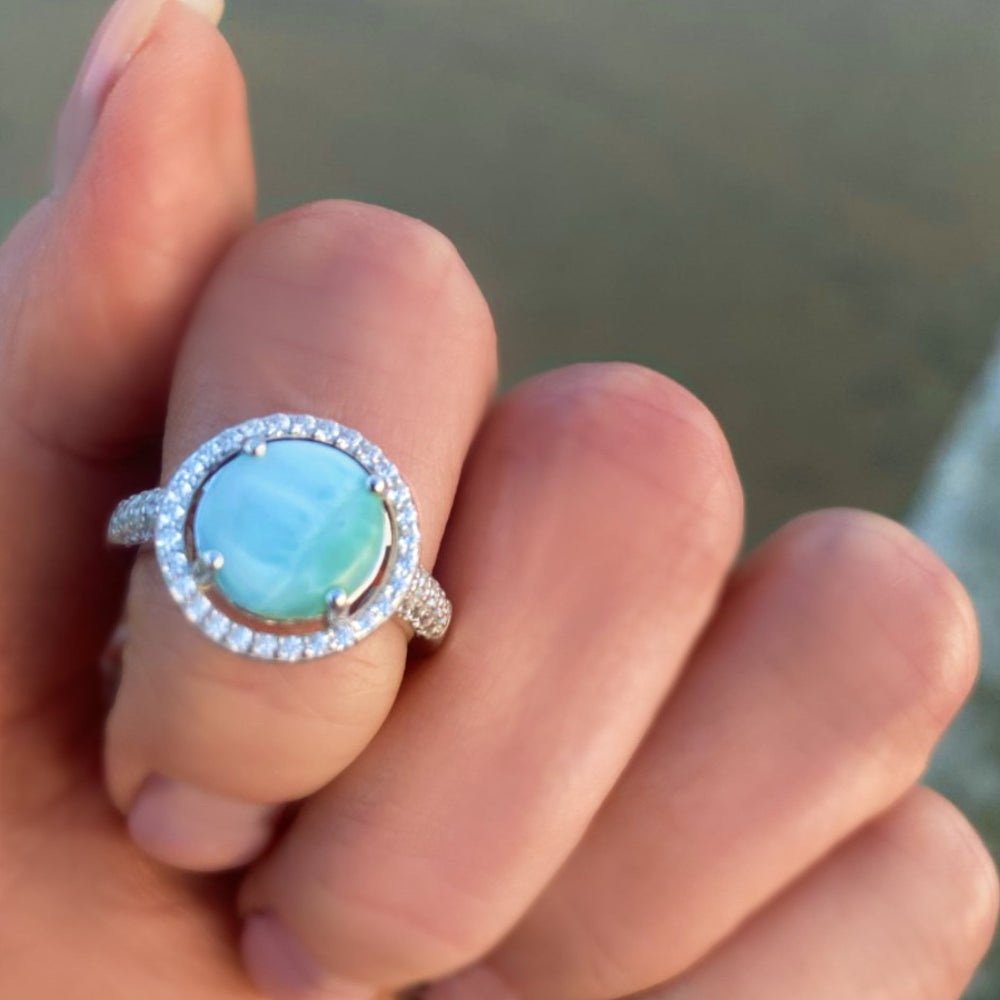 Halo Larimar Ring With Cubic Zirconia - 925 Sterling Silver