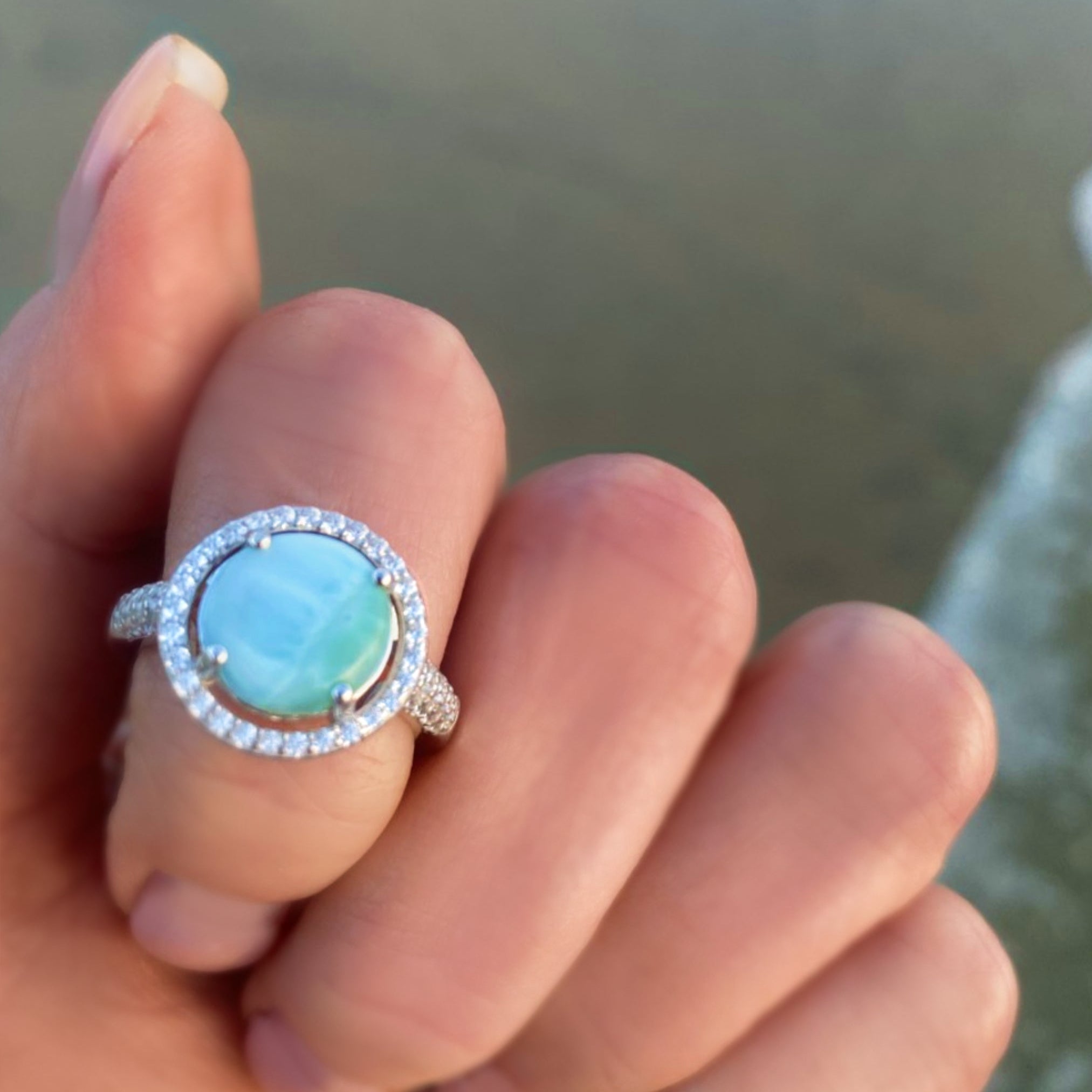 Halo Larimar Ring With Cubic Zirconia - 925 Sterling Silver