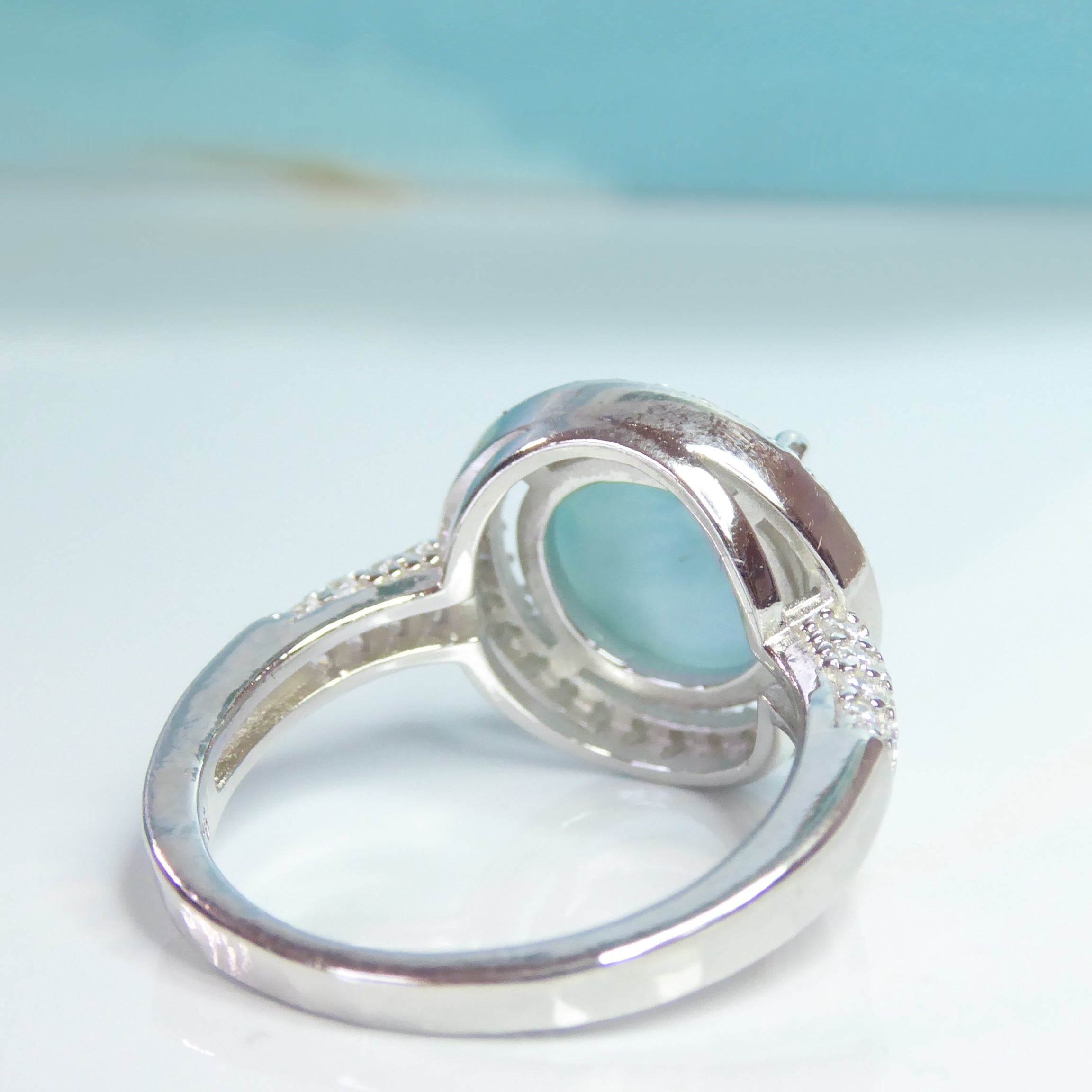 Halo Larimar Ring With Cubic Zirconia - 925 Sterling Silver