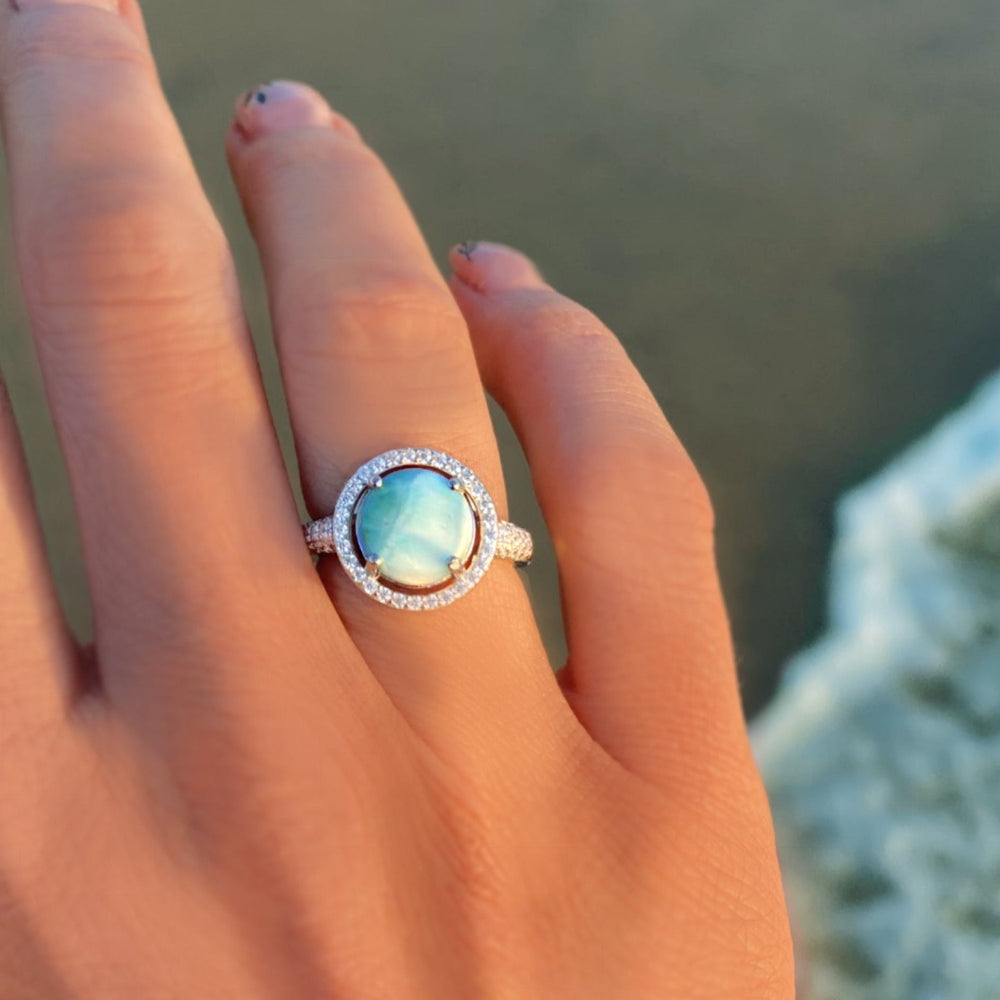 Halo Larimar Ring With Cubic Zirconia - 925 Sterling Silver