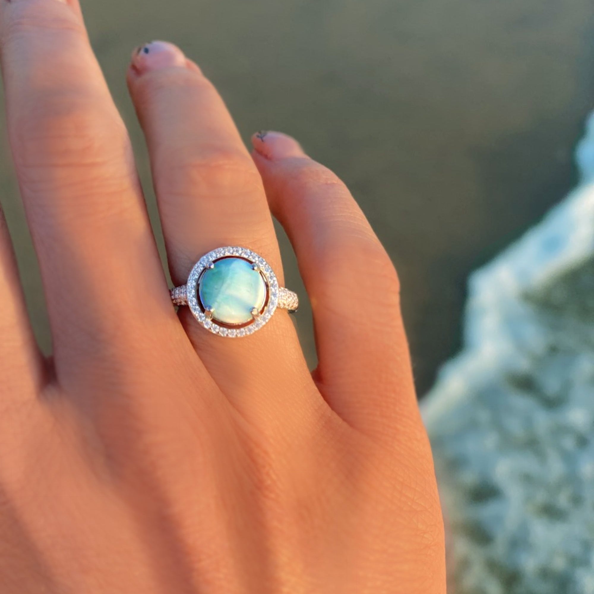 Halo Larimar Ring With Cubic Zirconia - 925 Sterling Silver