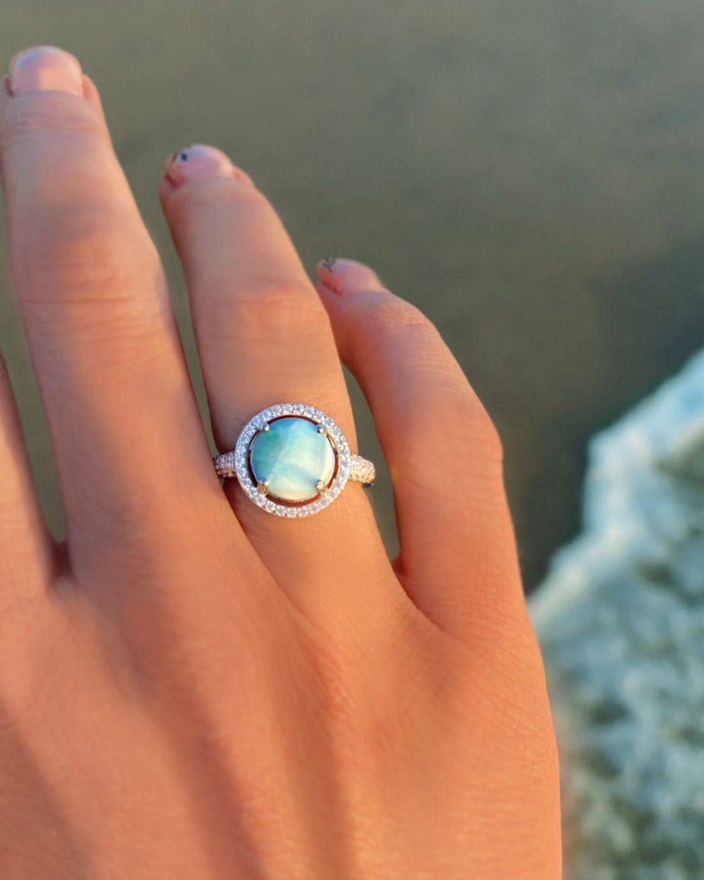 Halo Larimar Ring With Cubic Zirconia - 925 Sterling Silver