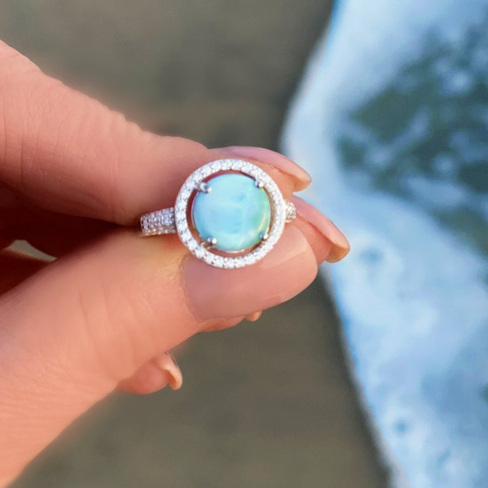 Halo Larimar Ring With Cubic Zirconia - 925 Sterling Silver