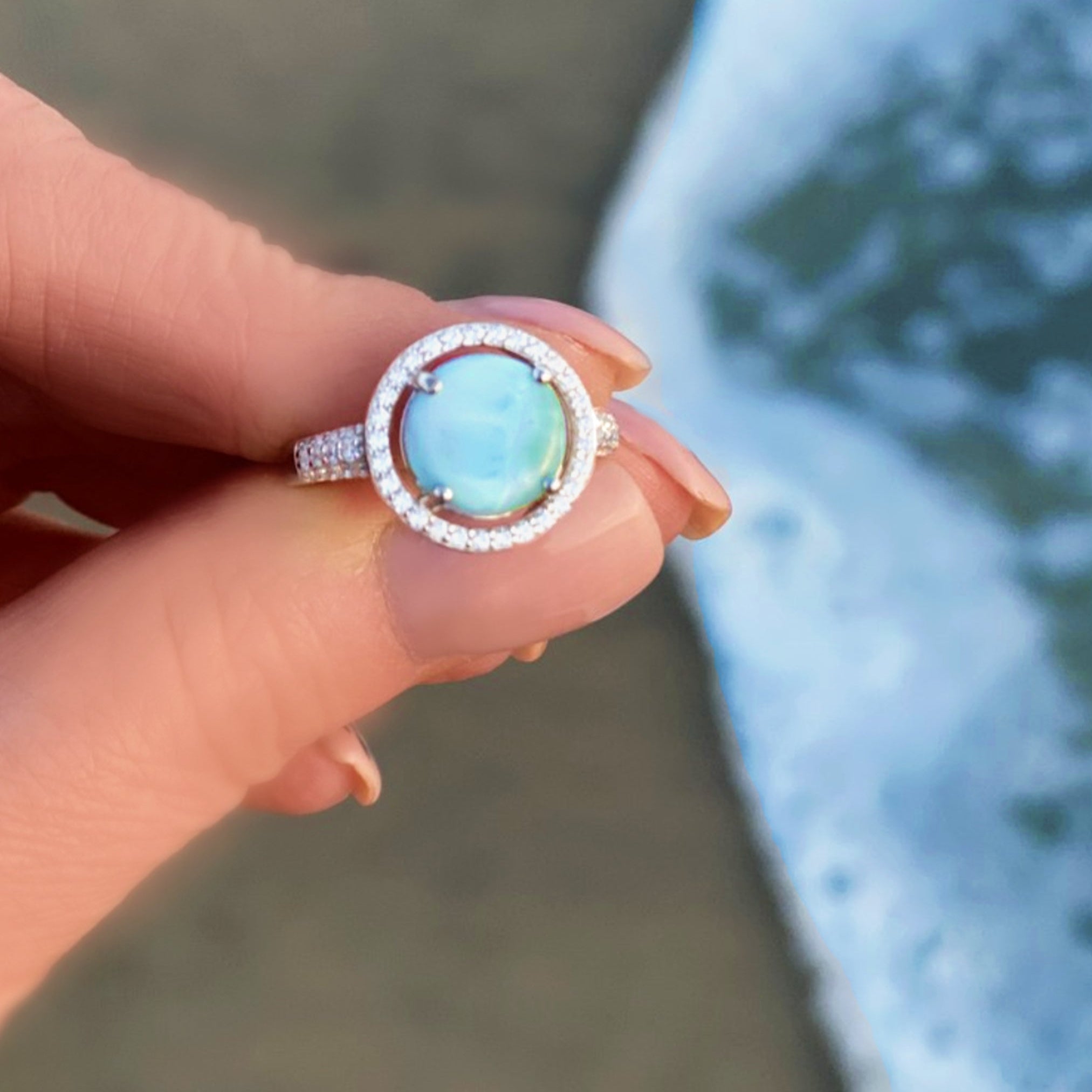 Halo Larimar Ring With Cubic Zirconia - 925 Sterling Silver