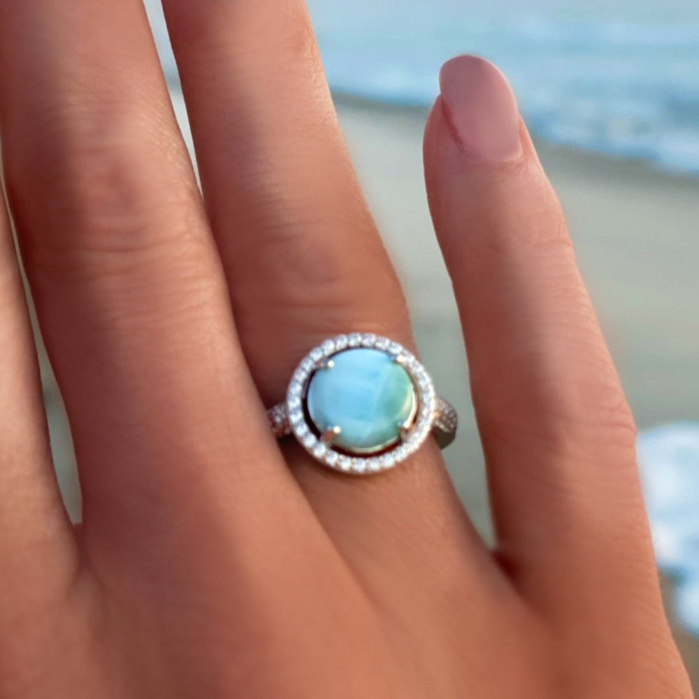 Halo Larimar Ring With Cubic Zirconia - 925 Sterling Silver