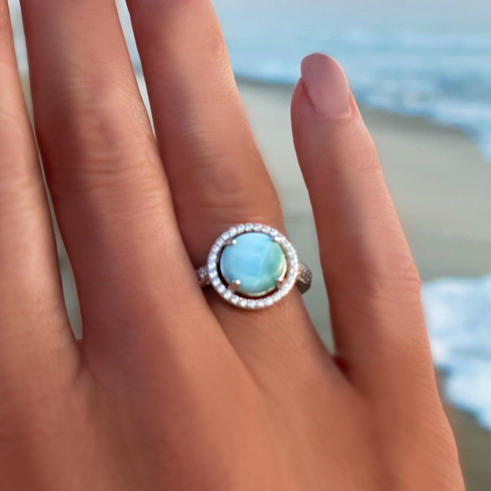 Halo Larimar Ring With Cubic Zirconia - 925 Sterling Silver