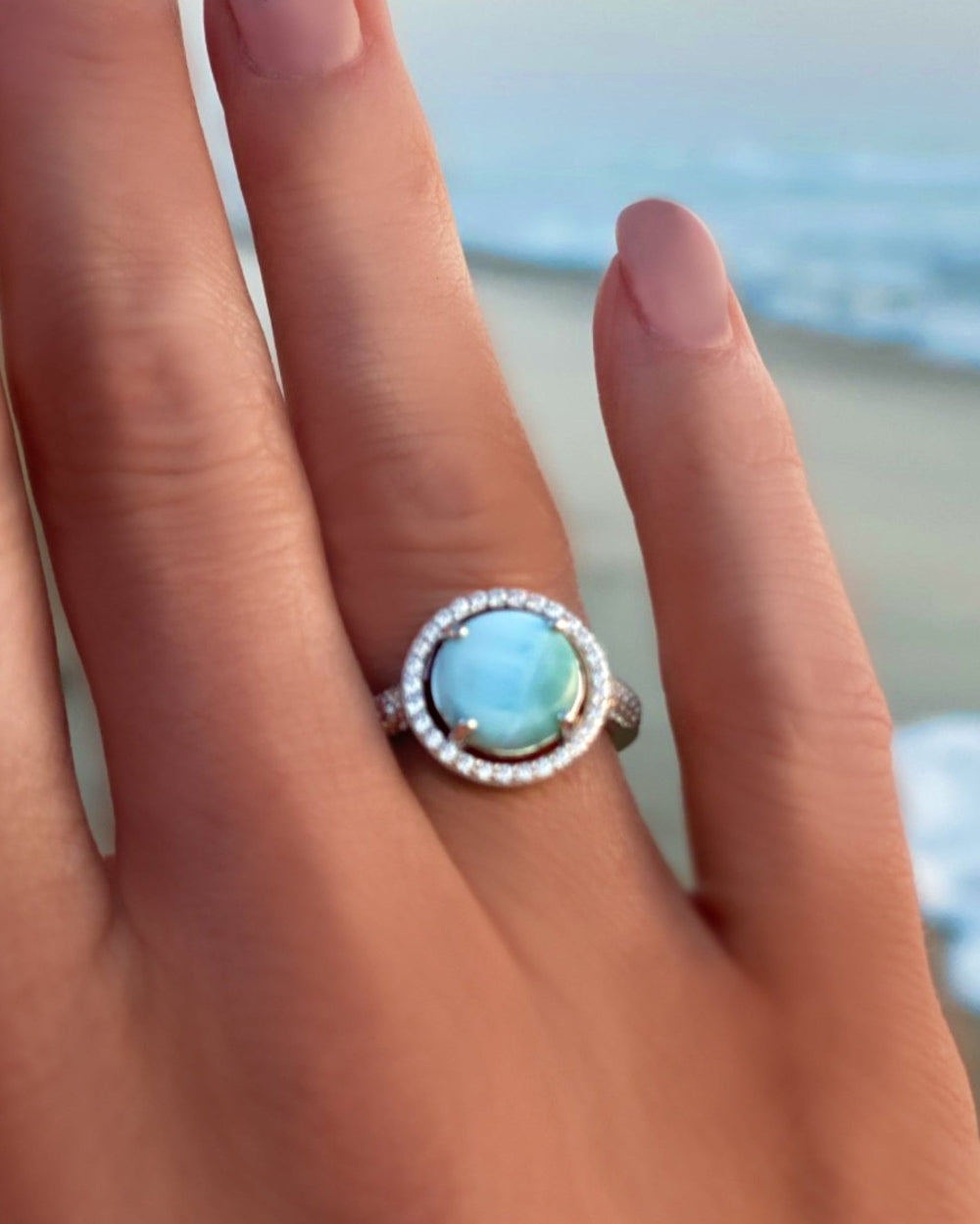 Halo Larimar Ring With Cubic Zirconia - 925 Sterling Silver