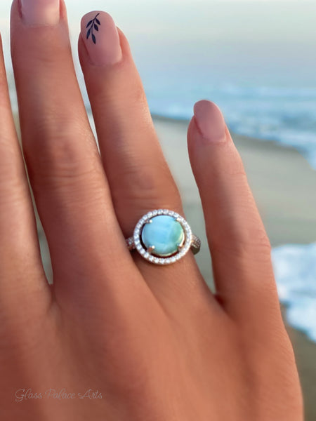 Halo Larimar Ring With Cubic Zirconia - 925 Sterling Silver