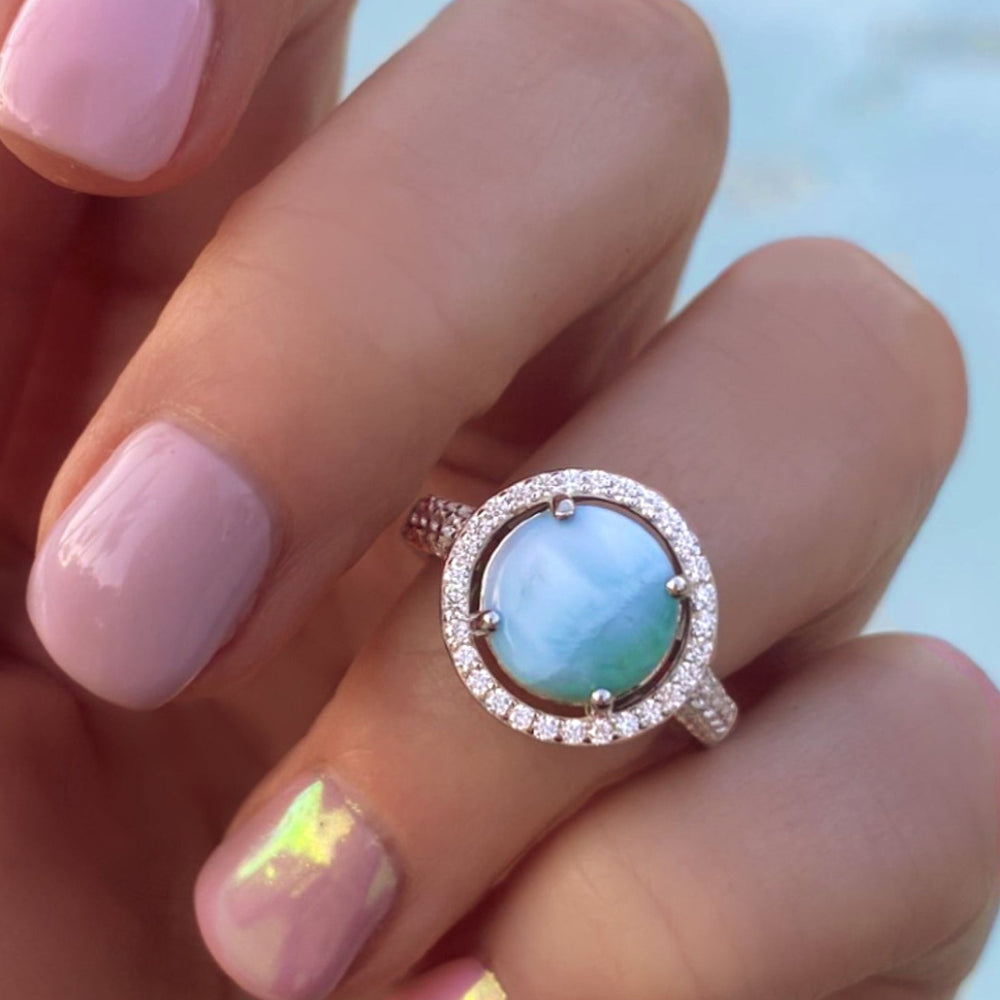 Halo Larimar Ring With Cubic Zirconia - 925 Sterling Silver