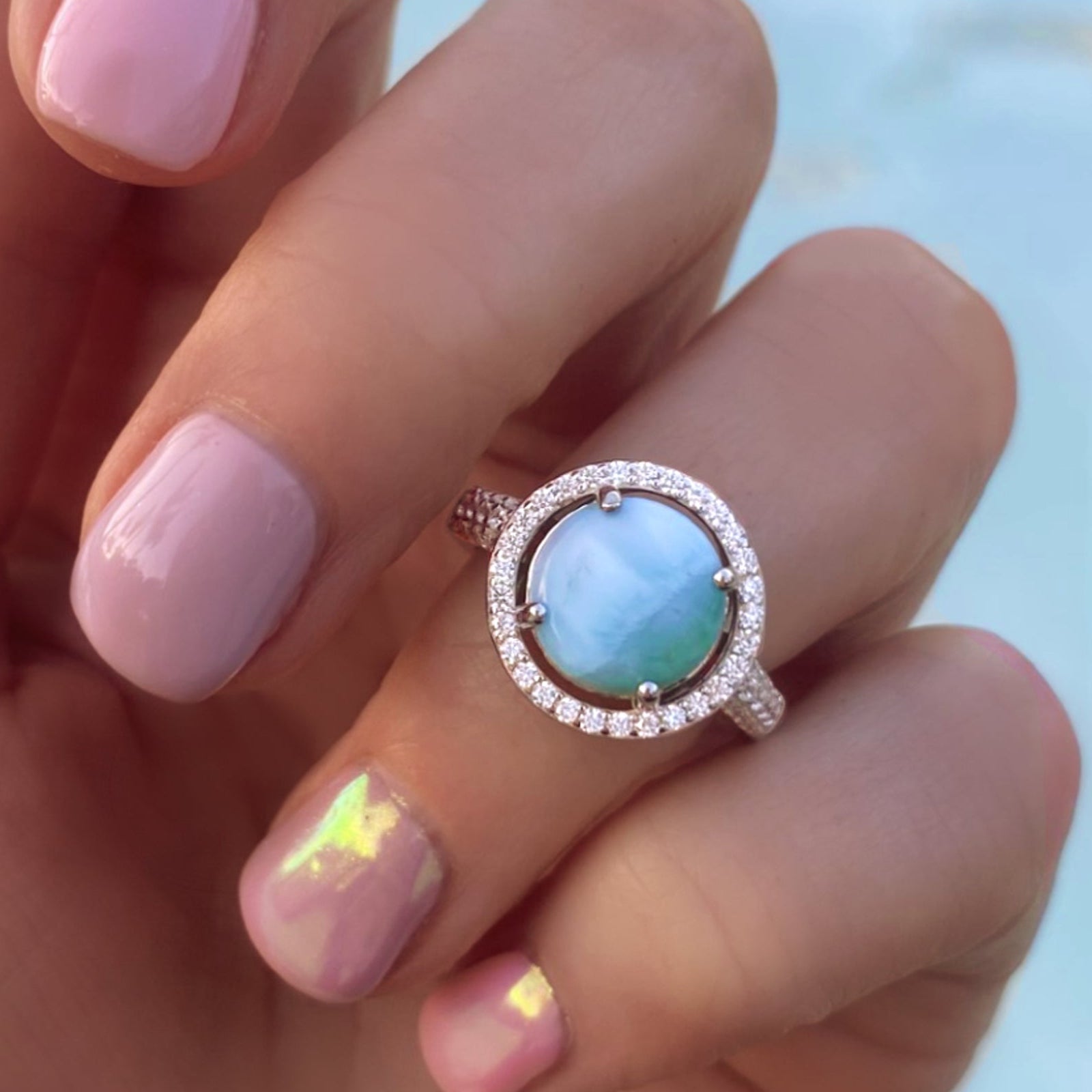Halo Larimar Ring With Cubic Zirconia - 925 Sterling Silver