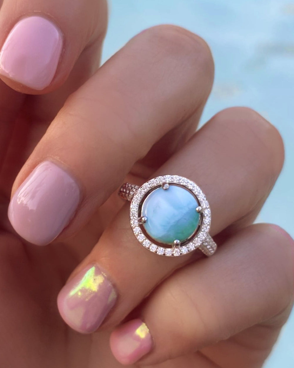 Halo Larimar Ring With Cubic Zirconia - 925 Sterling Silver