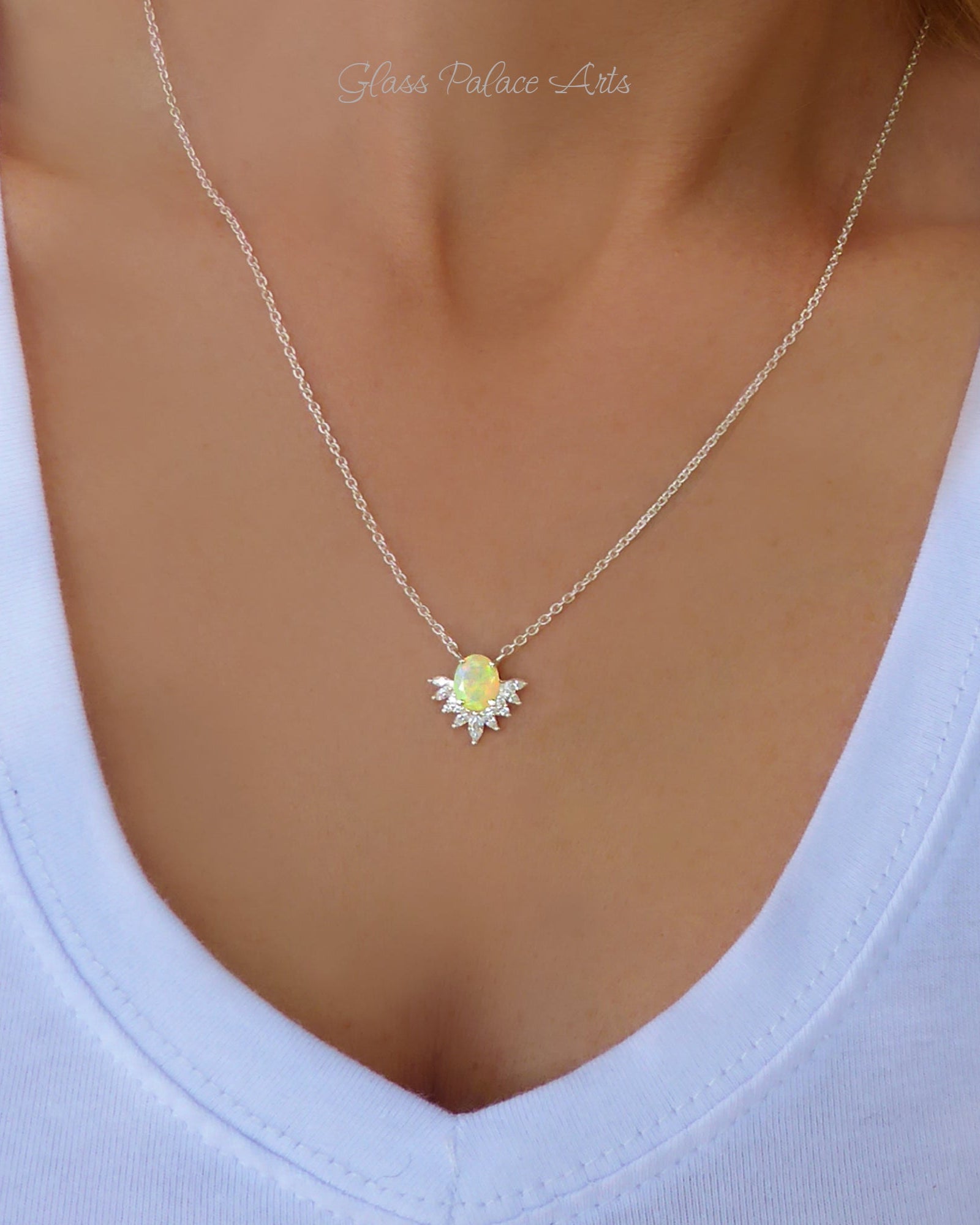 Ethiopian Opal and White Topaz Starburst Necklace For Women - 925 Sterling Silver