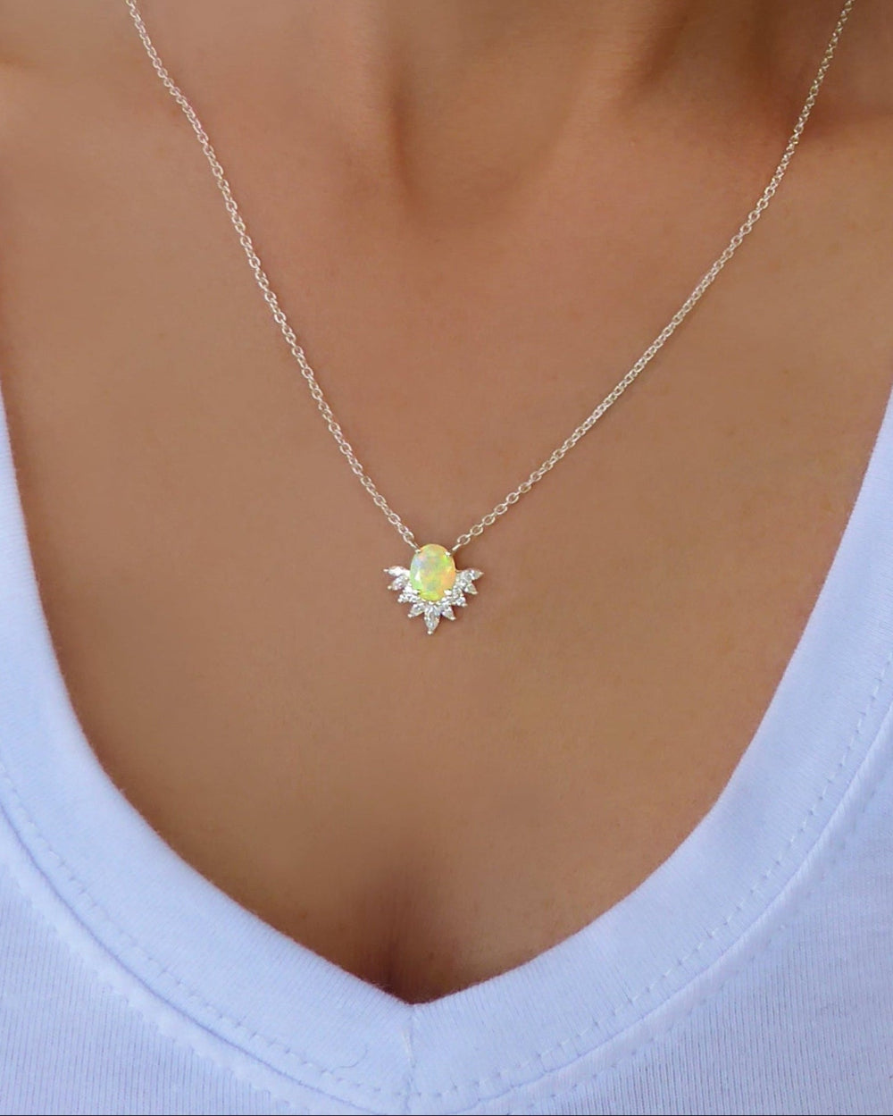Ethiopian Opal and White Topaz Starburst Necklace For Women - 925 Sterling Silver