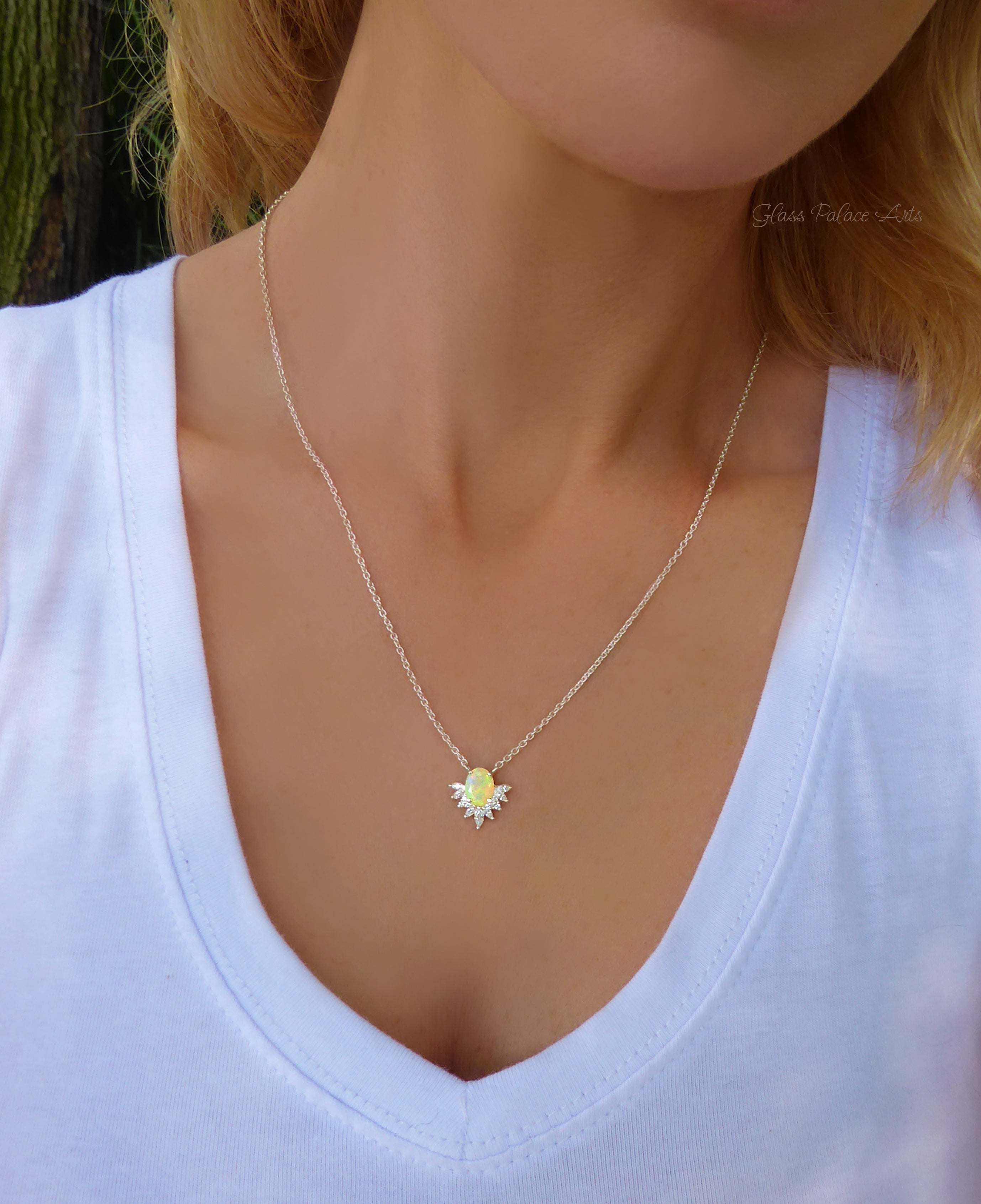 Ethiopian Opal and White Topaz Starburst Necklace For Women - 925 Sterling Silver