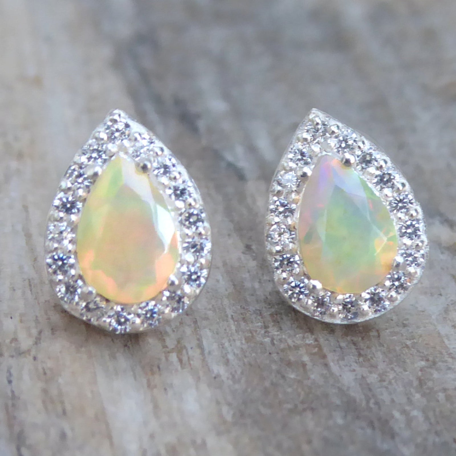 Ethiopian Opal Earring Studs With White Topaz - Pear Cut 925 Sterling Silver