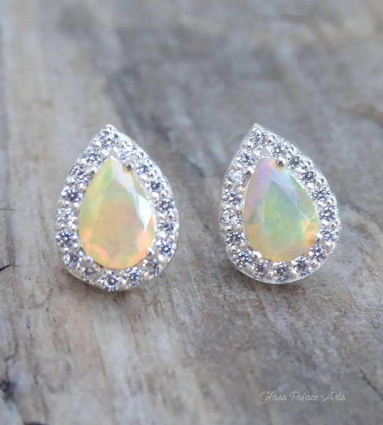 Ethiopian Opal Earring Studs With White Topaz - Pear Cut 925 Sterling Silver