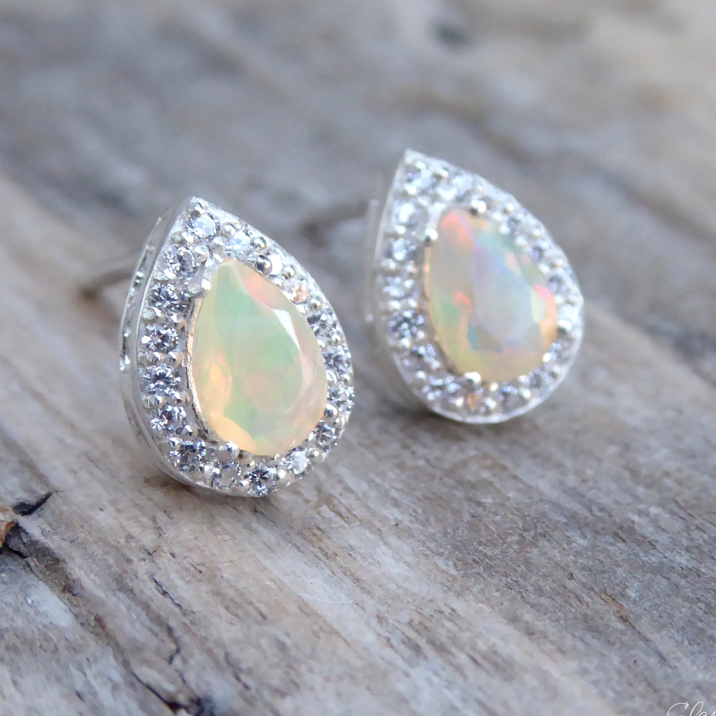 Ethiopian Opal Earring Studs With White Topaz - Pear Cut 925 Sterling Silver