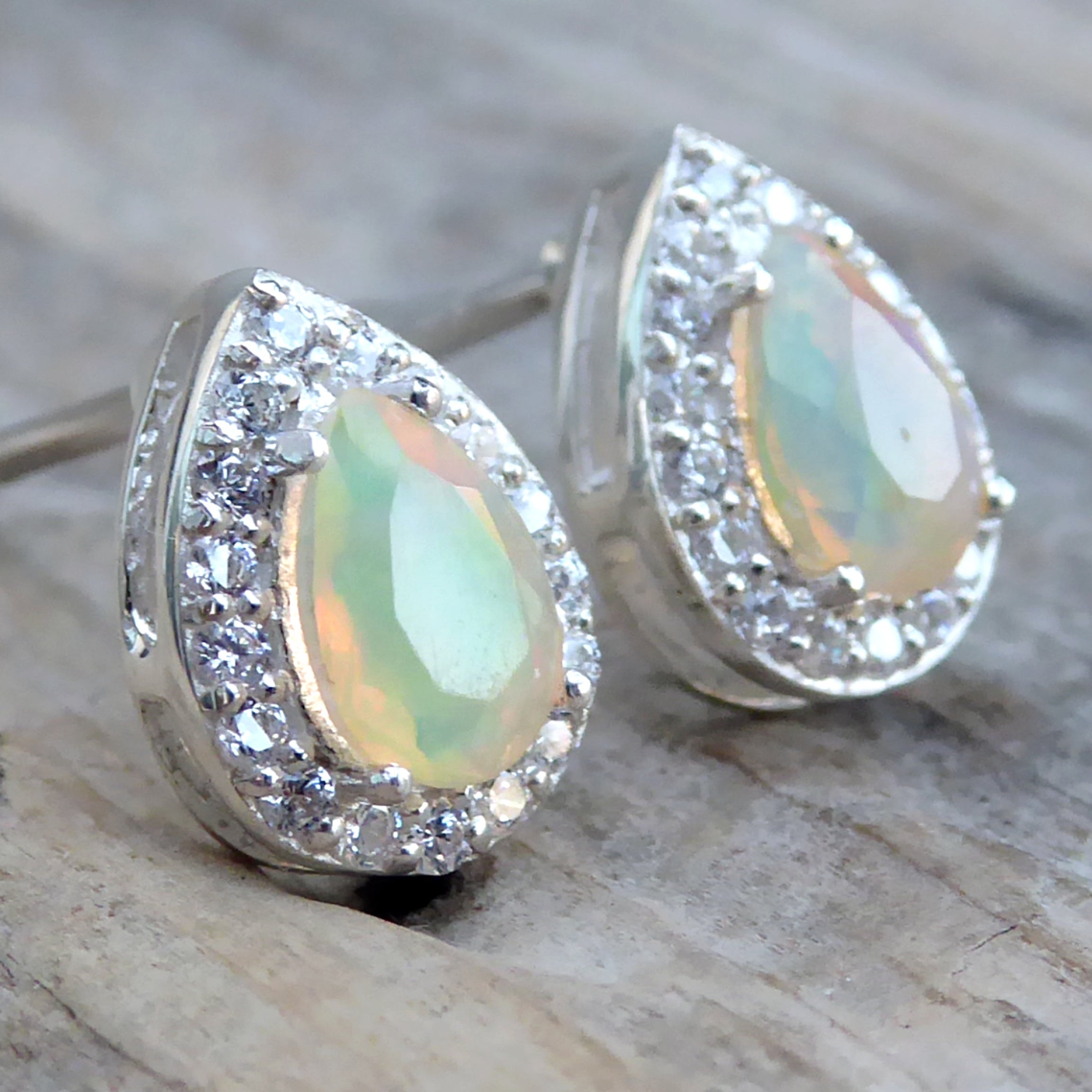 Ethiopian Opal Earring Studs With White Topaz - Pear Cut 925 Sterling Silver